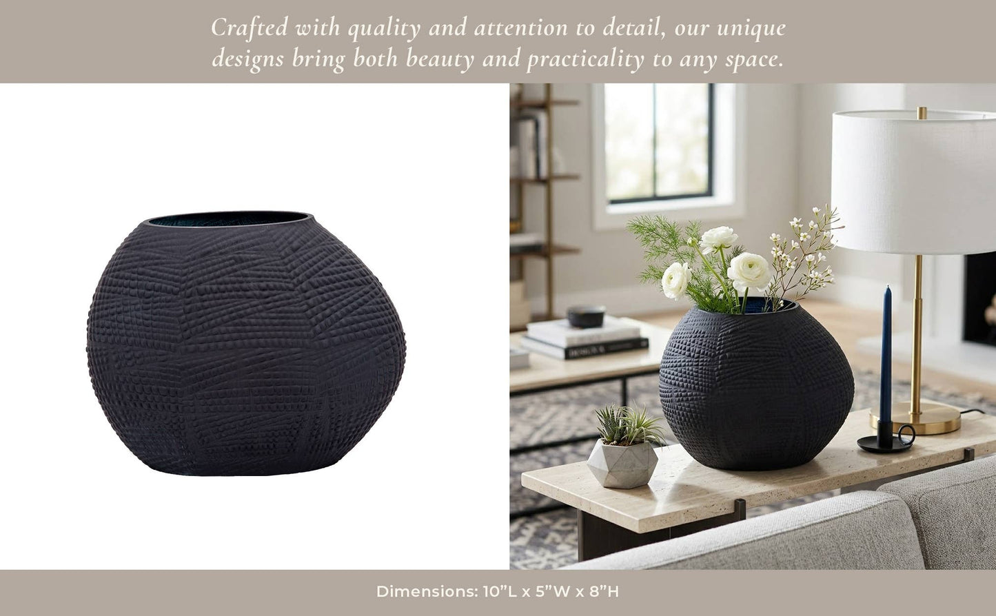 Decorative Vase - Black Glass Round Textured Modern, 8 in.