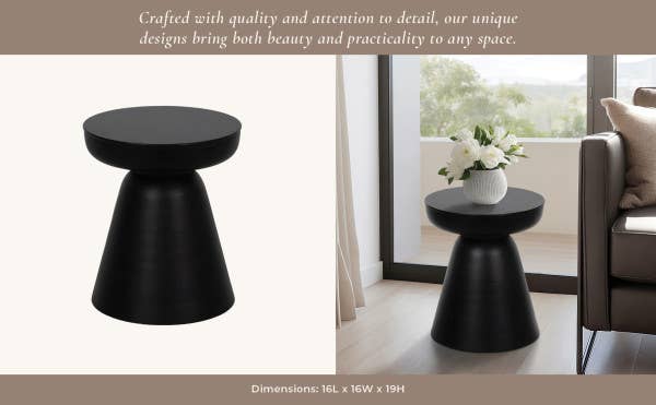 Side Table - Black Wood Round Drum Pedestal Base, 19 in.
