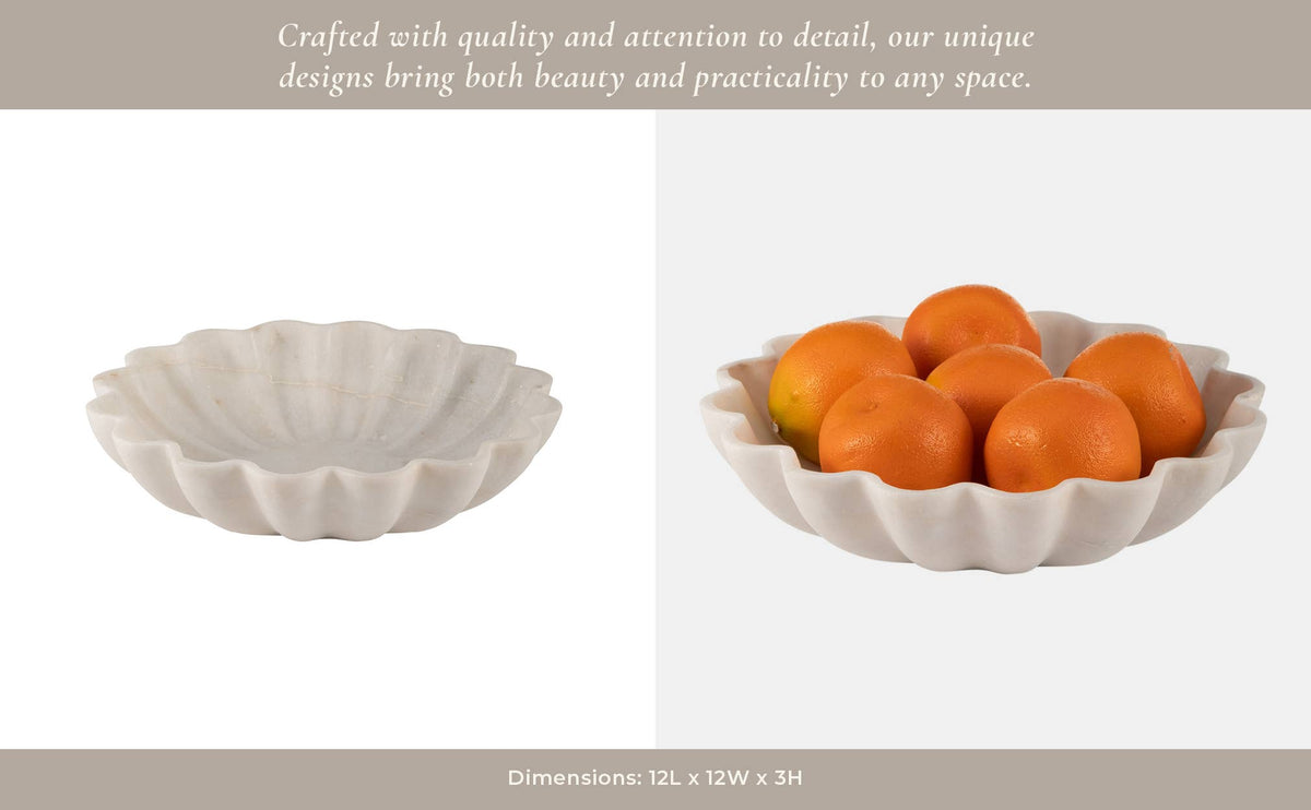 Decorative Bowl - White Marble Veined Shell Shaped, 12 in.