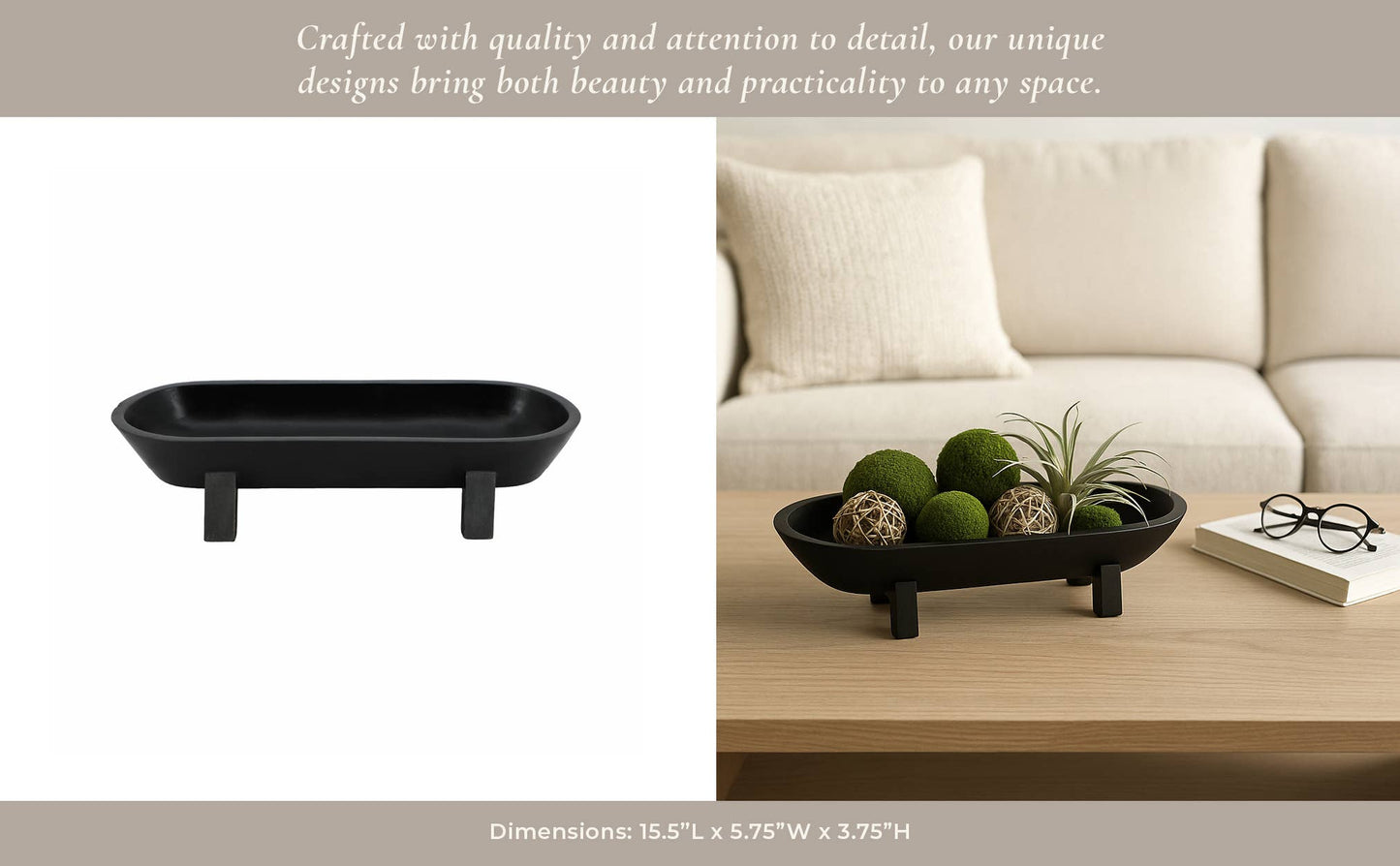 Decorative Bowl - Black Wood Footed Oval Design, 16 in.