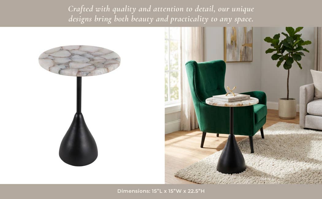 Side Table - White Agate Top with Black Aluminum Base, 22 in