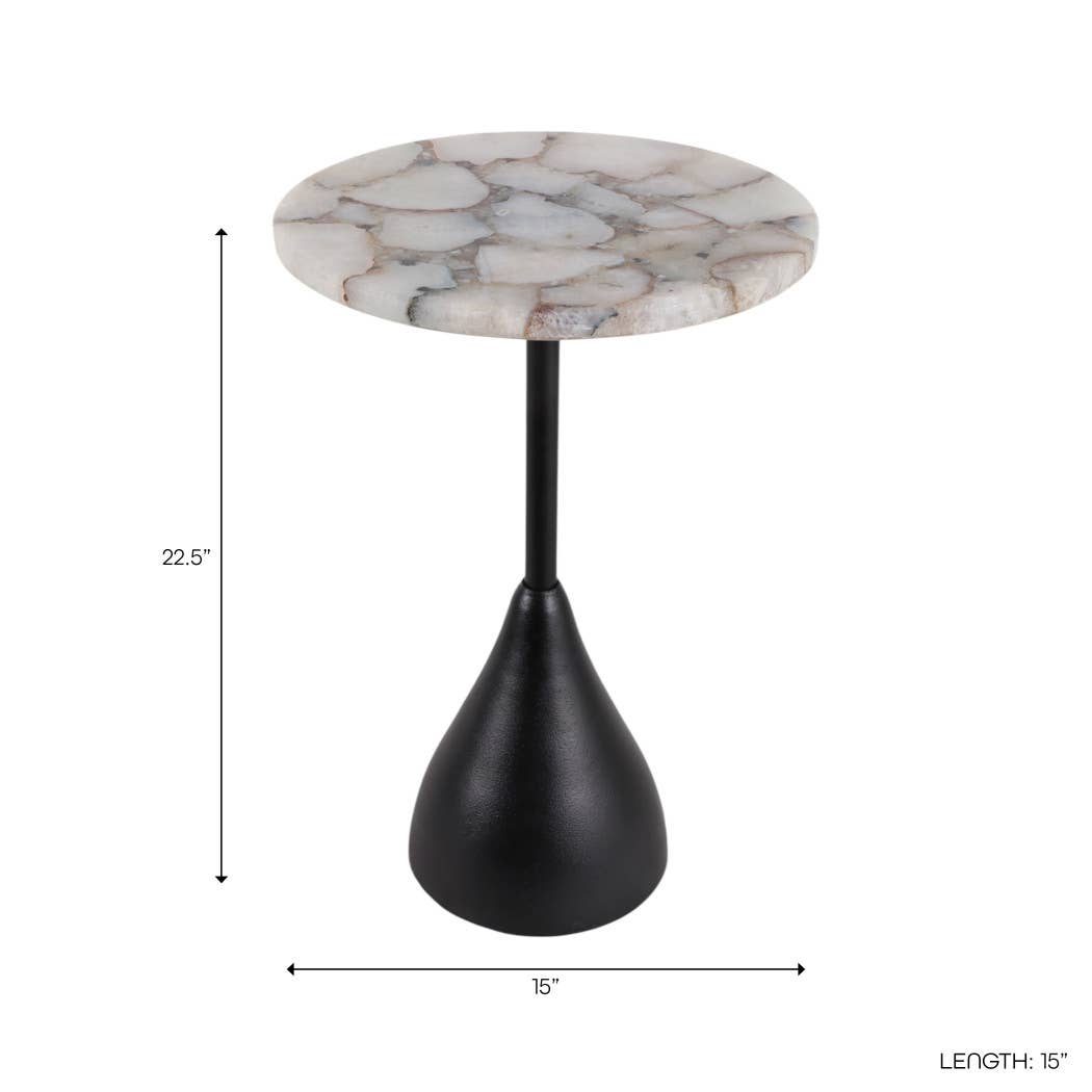 Side Table - White Agate Top with Black Aluminum Base, 22 in