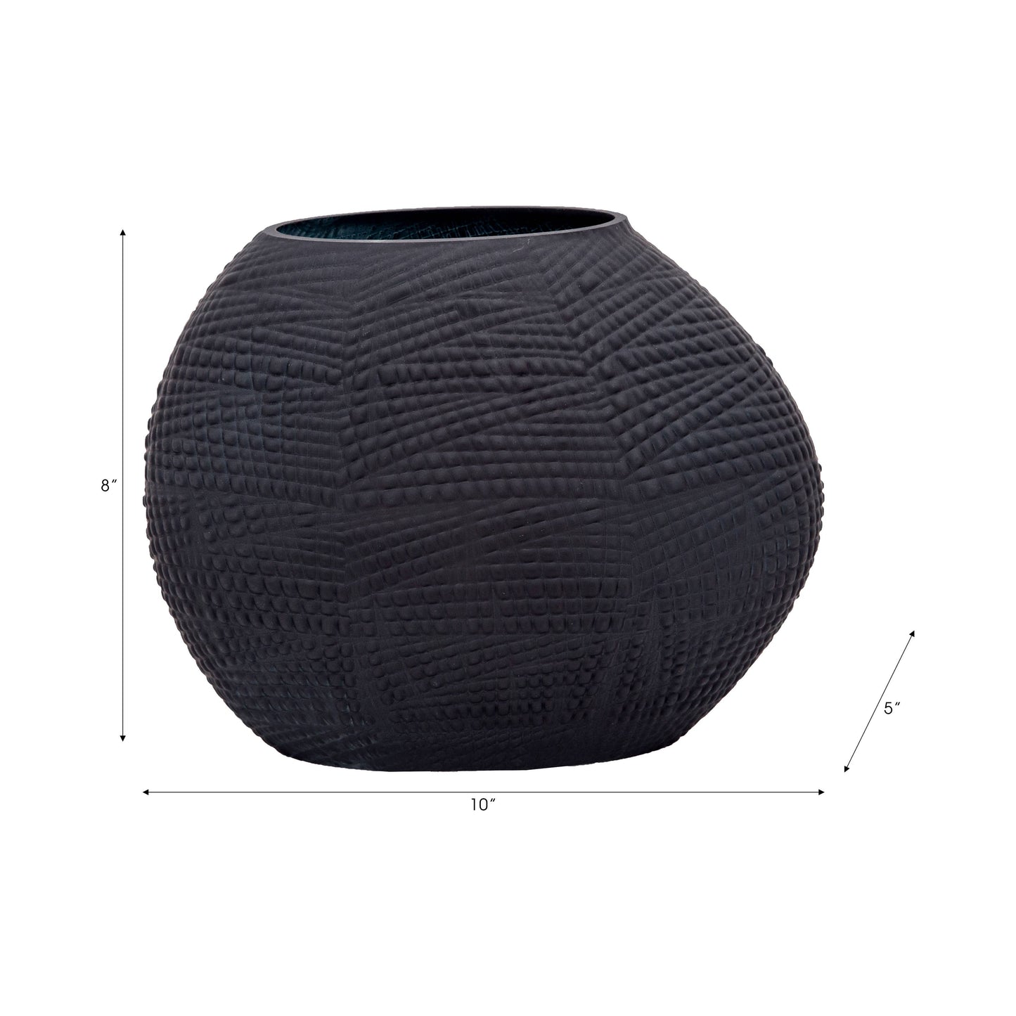 Decorative Vase - Black Glass Round Textured Modern, 8 in.