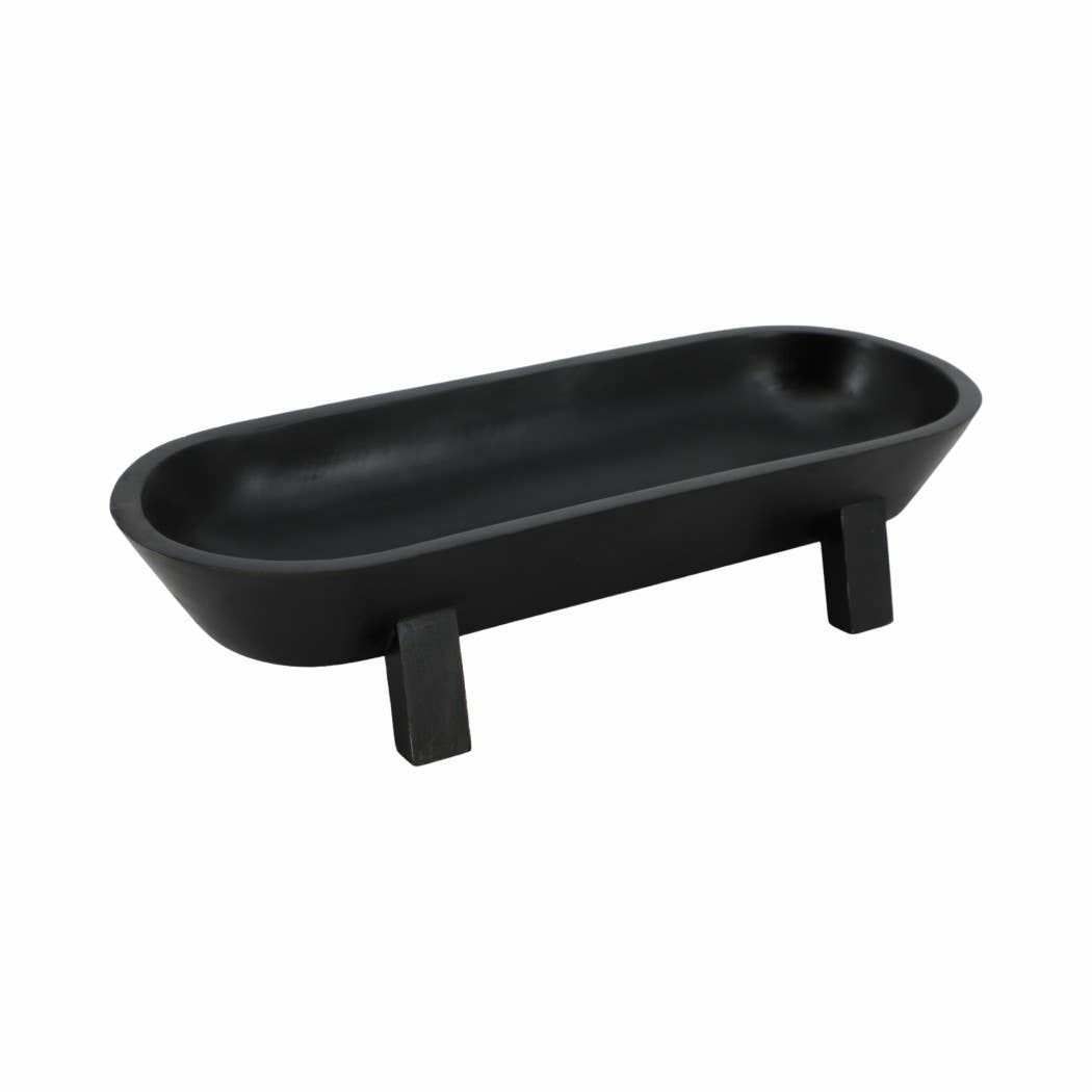 Decorative Bowl - Black Wood Footed Oval Design, 16 in.