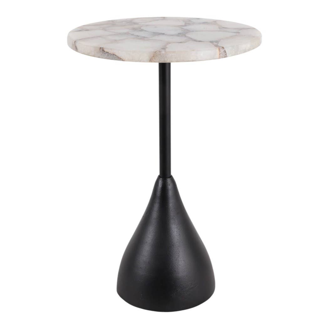 Side Table - White Agate Top with Black Aluminum Base, 22 in