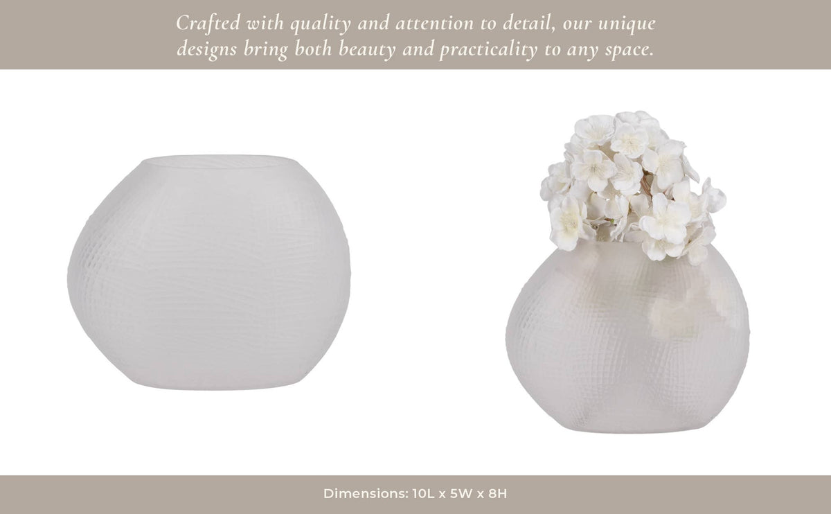 Decorative Vase - White Glass Round Textured Modern, 8 in.