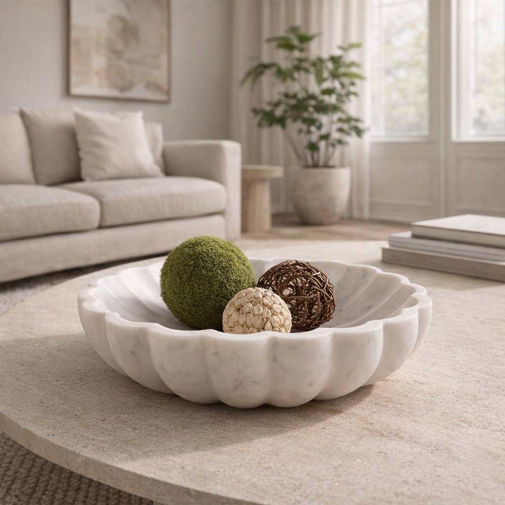 Decorative Bowl - White Marble Veined Shell Shaped, 12 in.
