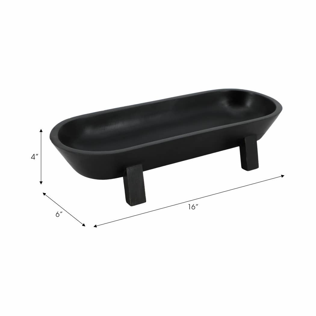 Decorative Bowl - Black Wood Footed Oval Design, 16 in.
