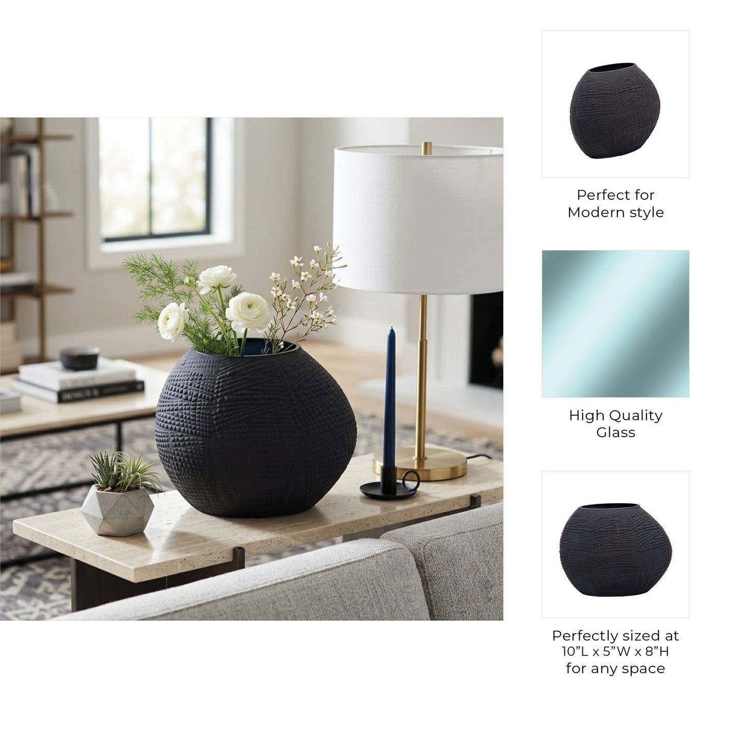 Decorative Vase - Black Glass Round Textured Modern, 8 in.