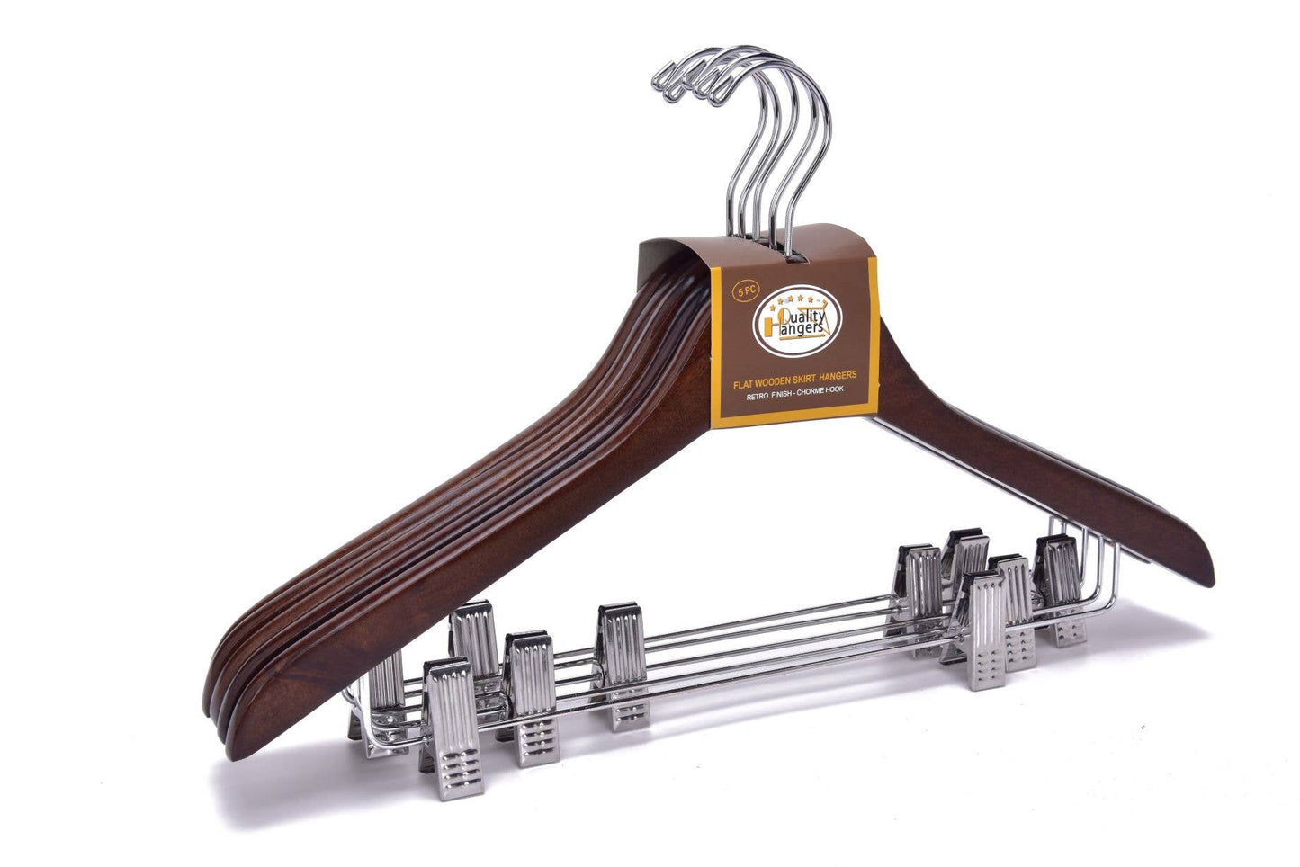 W022 Wooden Skirt Hangers 17", Walnut with Chrome hook - 100