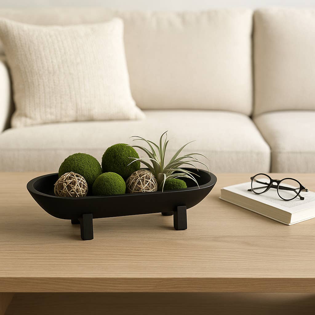 Decorative Bowl - Black Wood Footed Oval Design, 16 in.