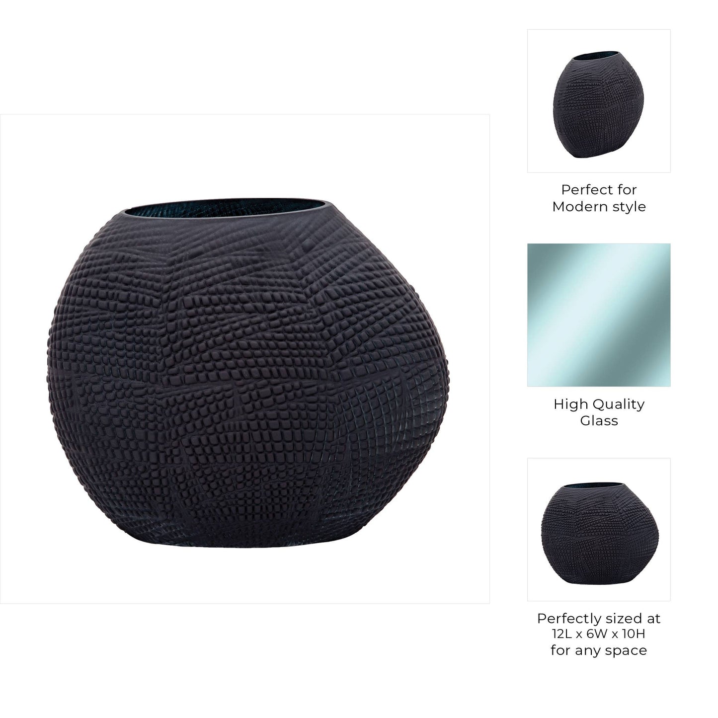 Decorative Vase - Black Glass Round Textured Modern, 10 in.