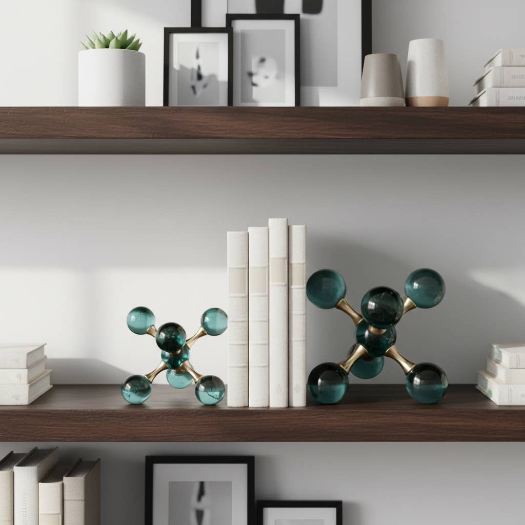 Bookends Set of 2 - Green Crystal/Metal Jack, 7 in.