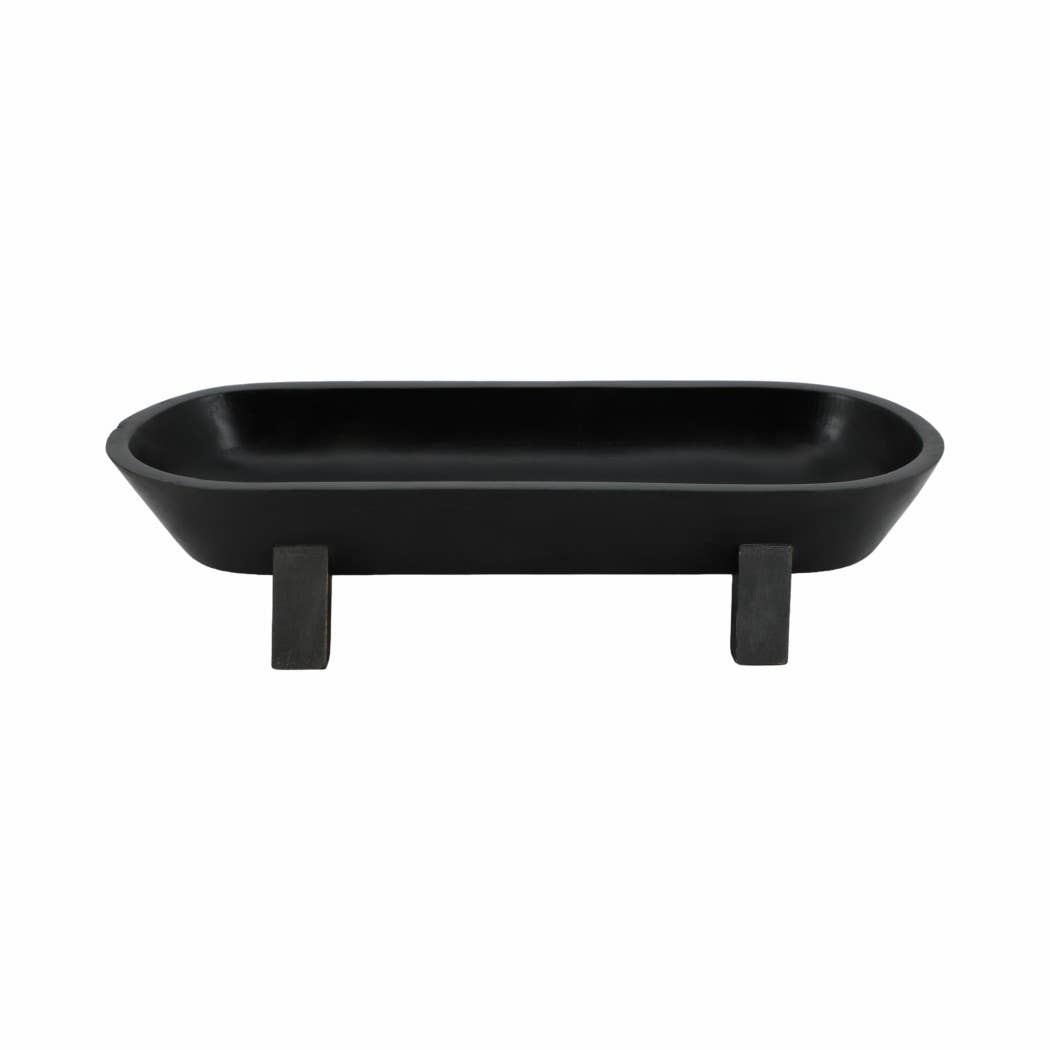 Decorative Bowl - Black Wood Footed Oval Design, 16 in.