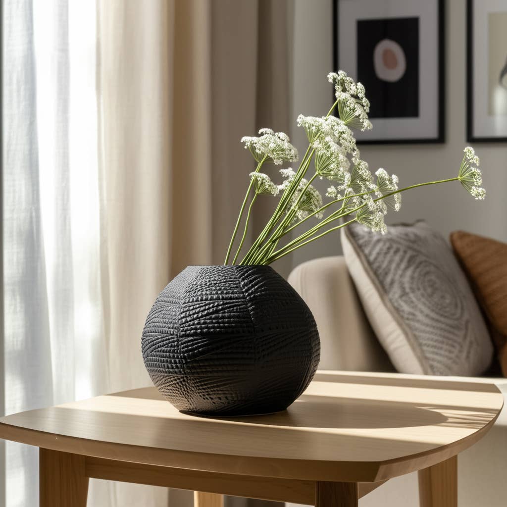 Decorative Vase - Black Glass Round Textured Modern, 8 in.