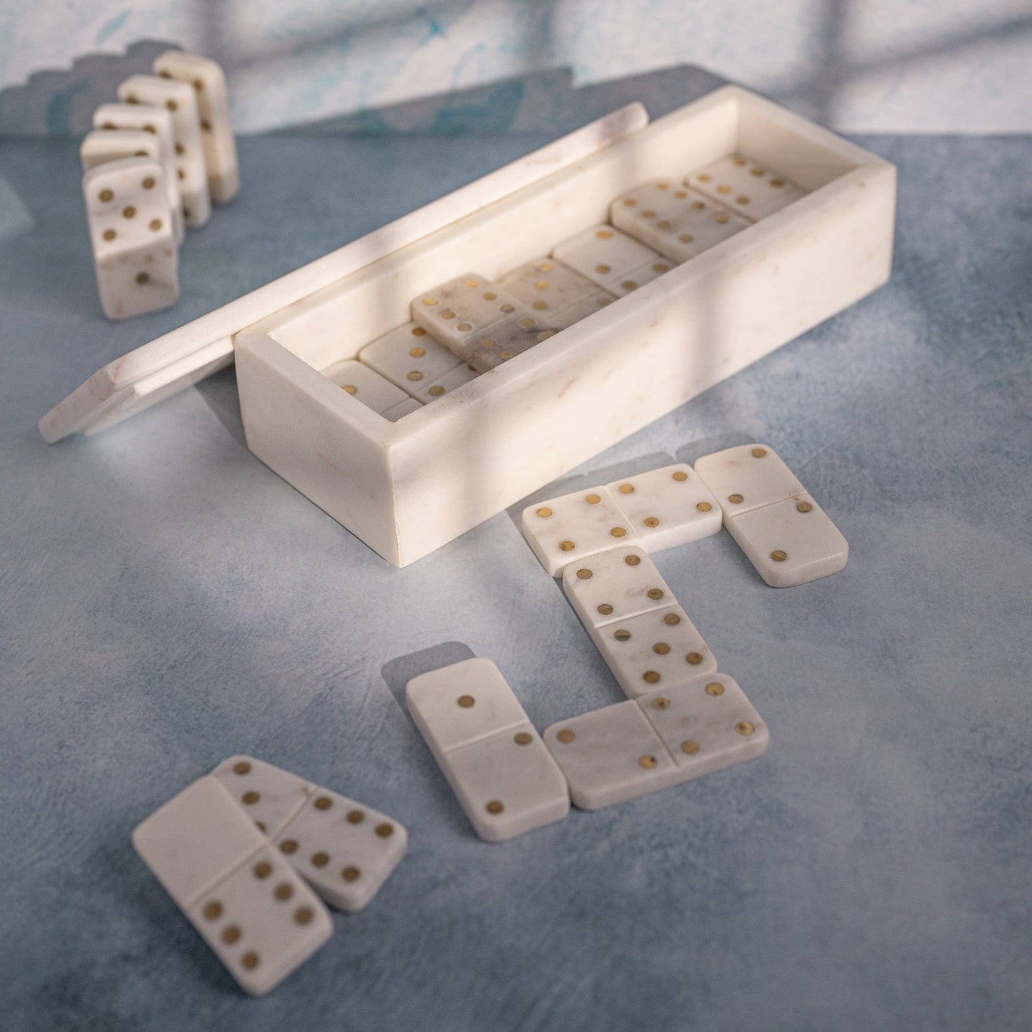 White Marble Dominoes Set W/Brass Dots Inlay: MARBLE & BRASS / White