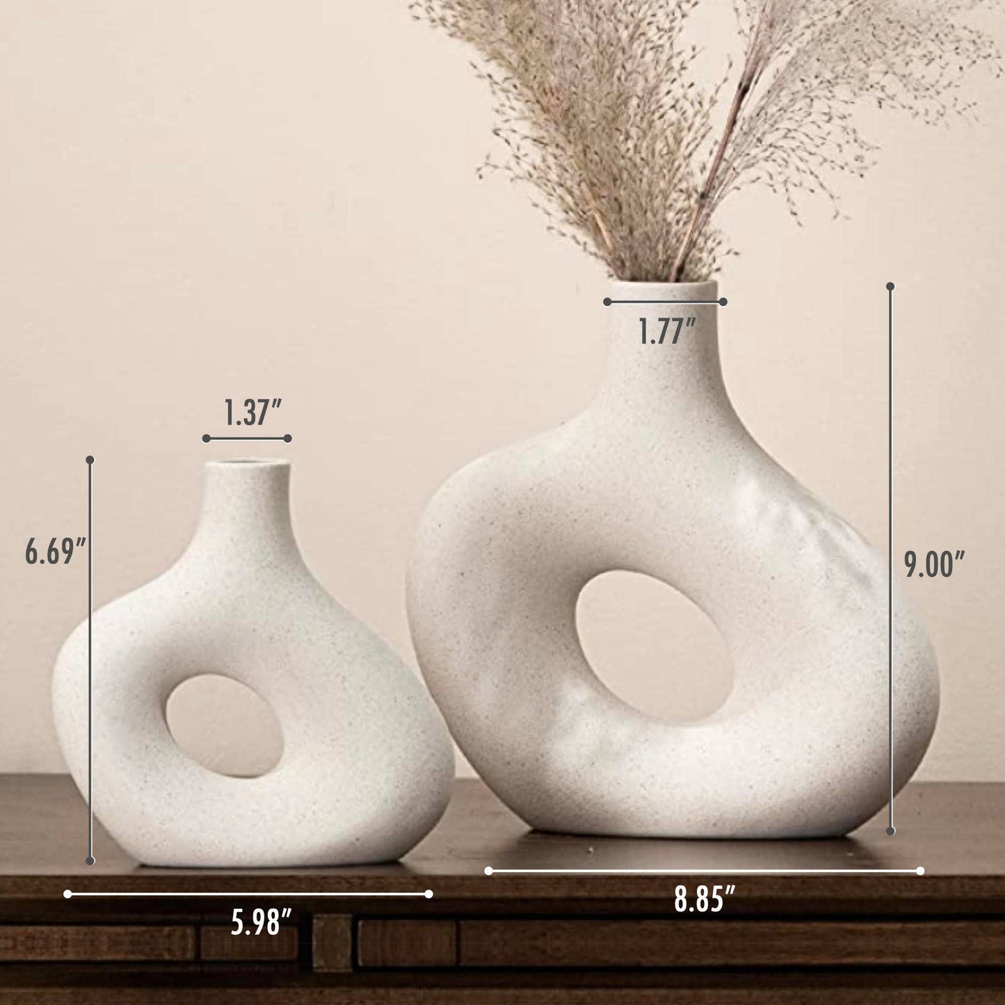 Kimisty Ceramic Hollow Donut Vase Set 2, Off White