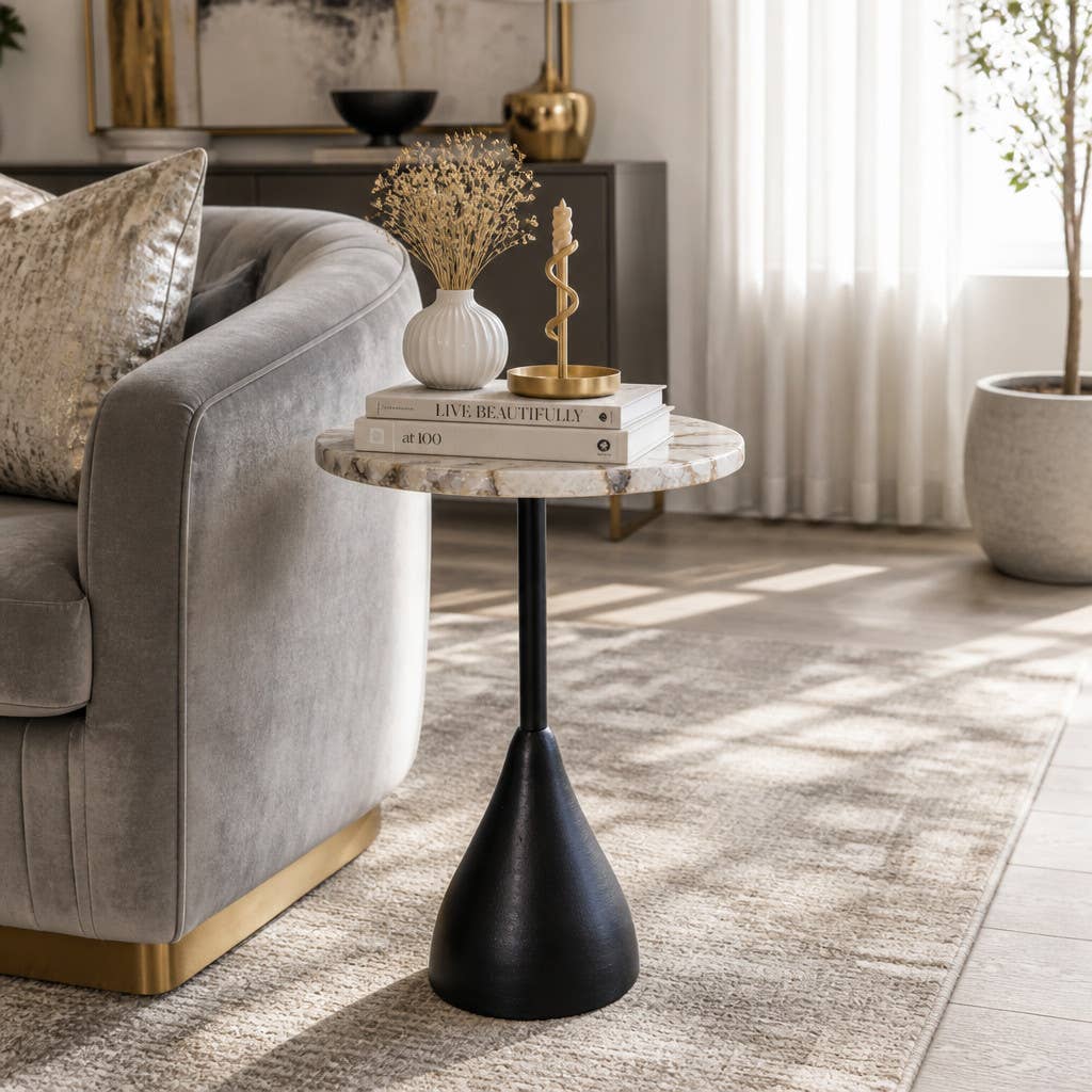 Side Table - White Agate Top with Black Aluminum Base, 22 in