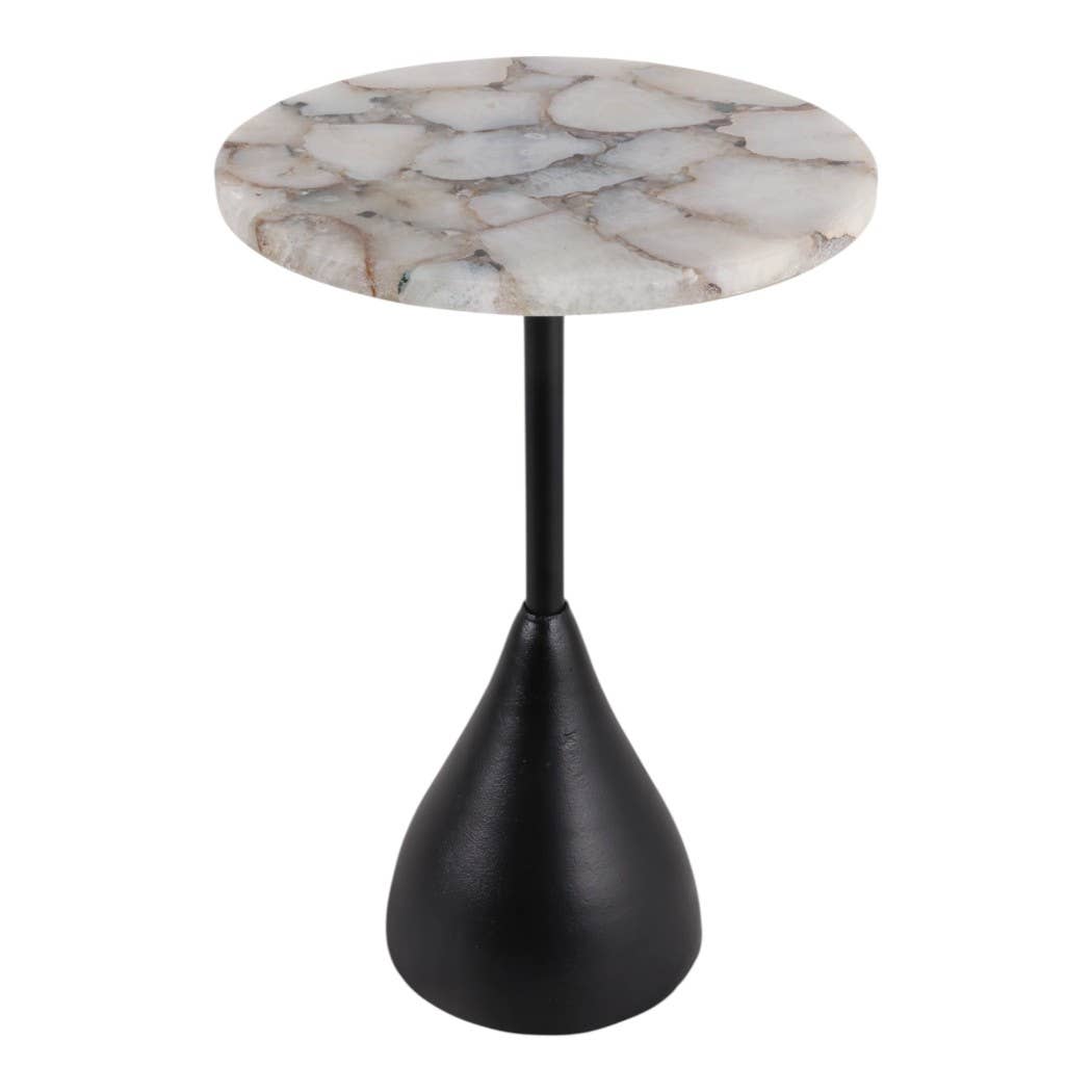 Side Table - White Agate Top with Black Aluminum Base, 22 in