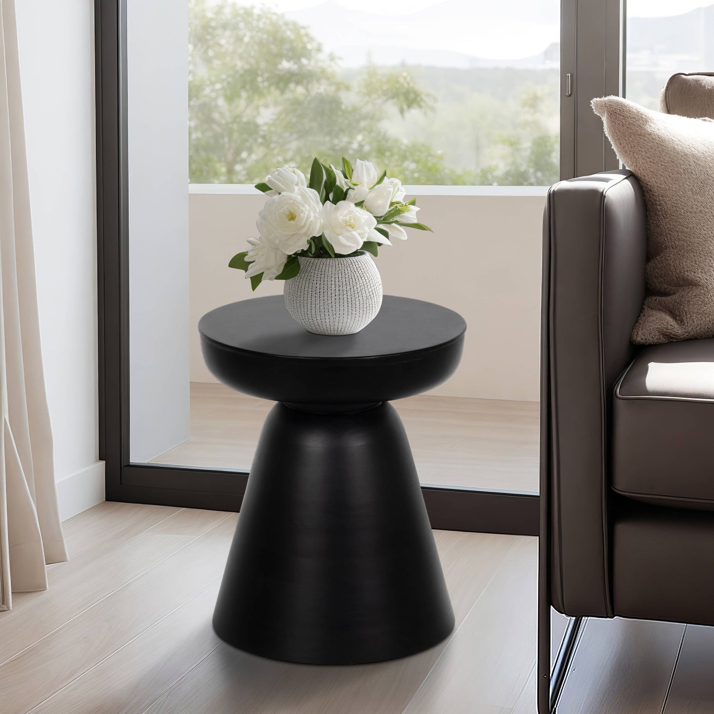 Side Table - Black Wood Round Drum Pedestal Base, 19 in.