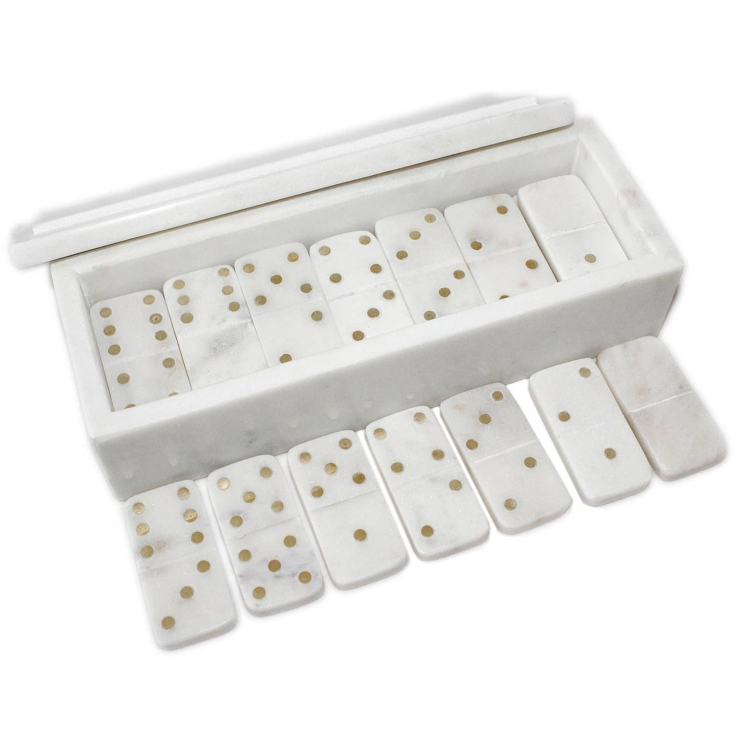 White Marble Dominoes Set W/Brass Dots Inlay: MARBLE & BRASS / White