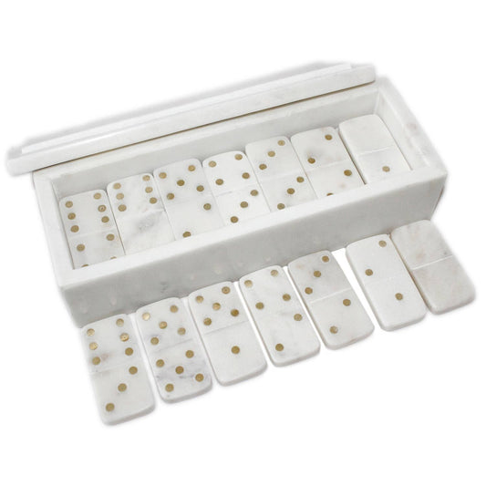 White Marble Dominoes Set W/Brass Dots Inlay: MARBLE & BRASS / White
