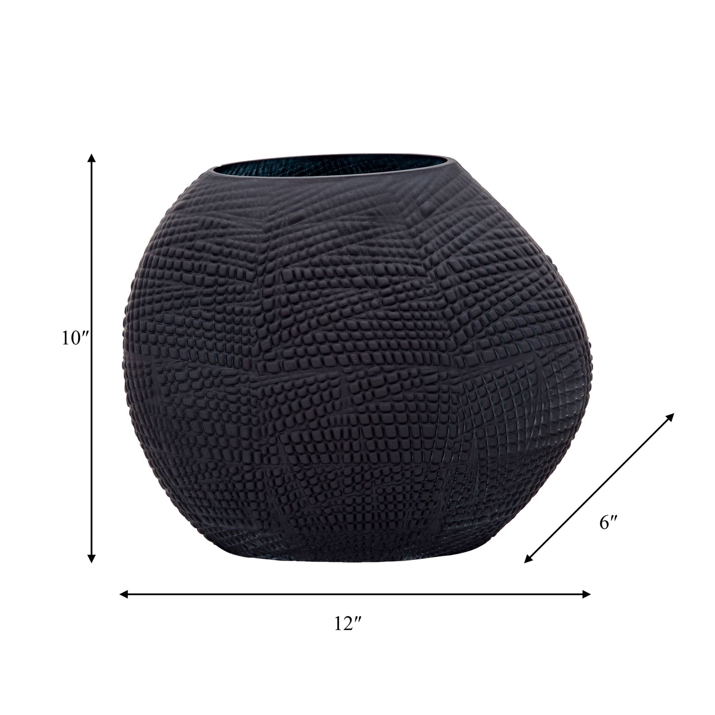 Decorative Vase - Black Glass Round Textured Modern, 10 in.