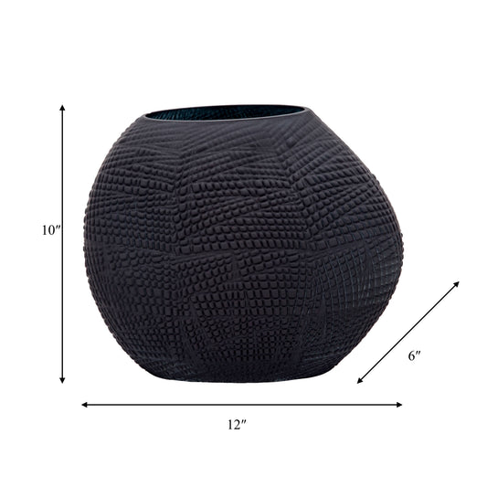 Decorative Vase - Black Glass Round Textured Modern, 10 in.