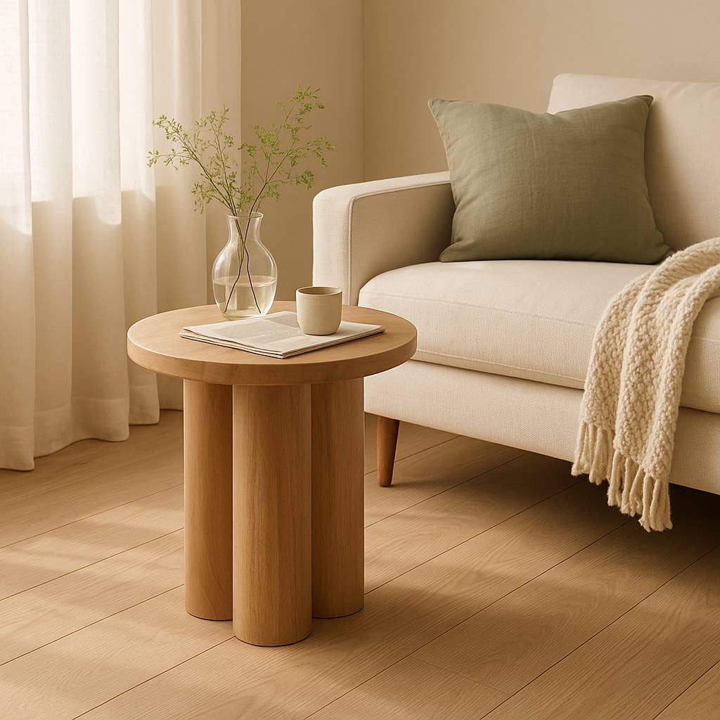 Wood Round Side Table with Sculptural Base - Brown, 18 in.
