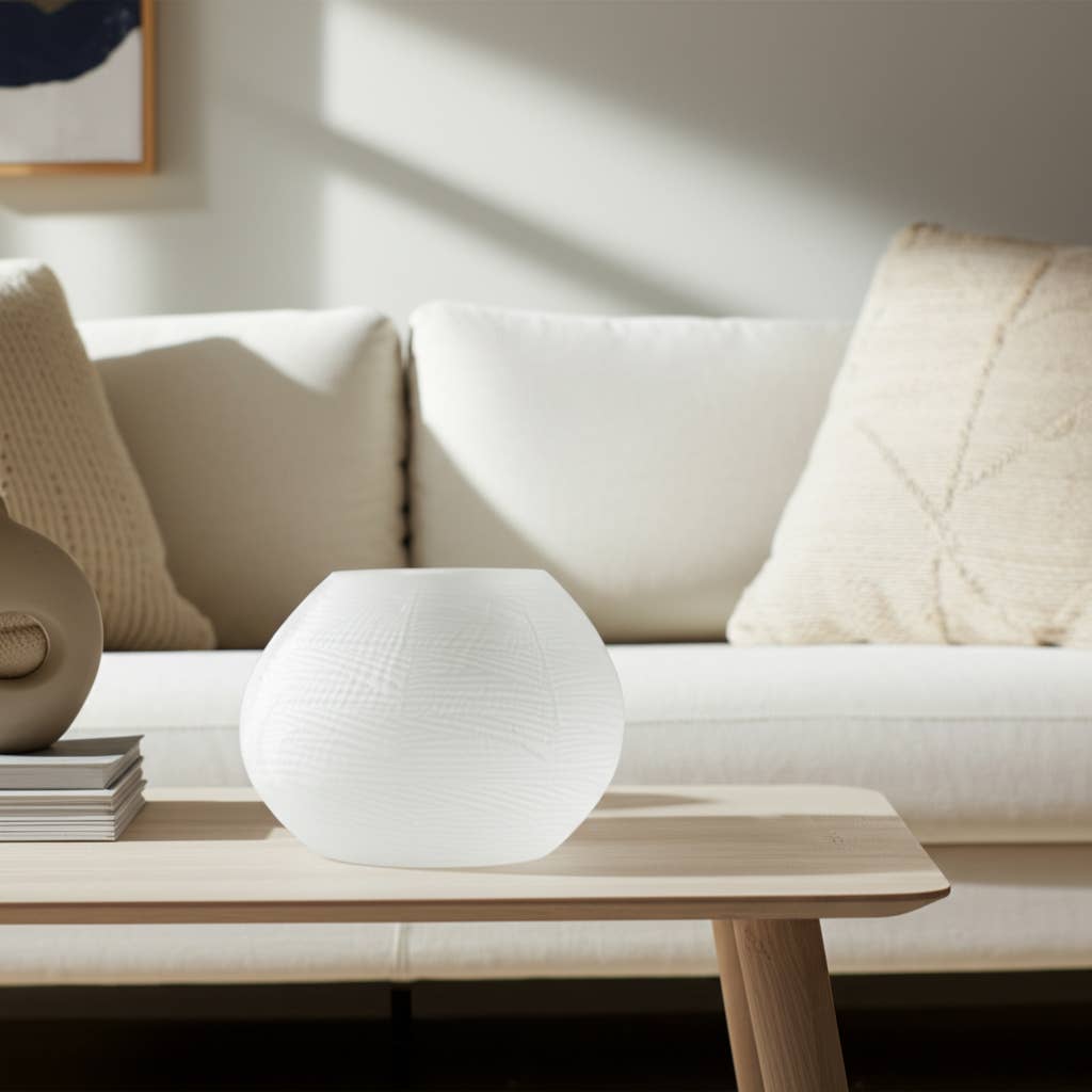 Decorative Vase - White Glass Round Textured Modern, 8 in.