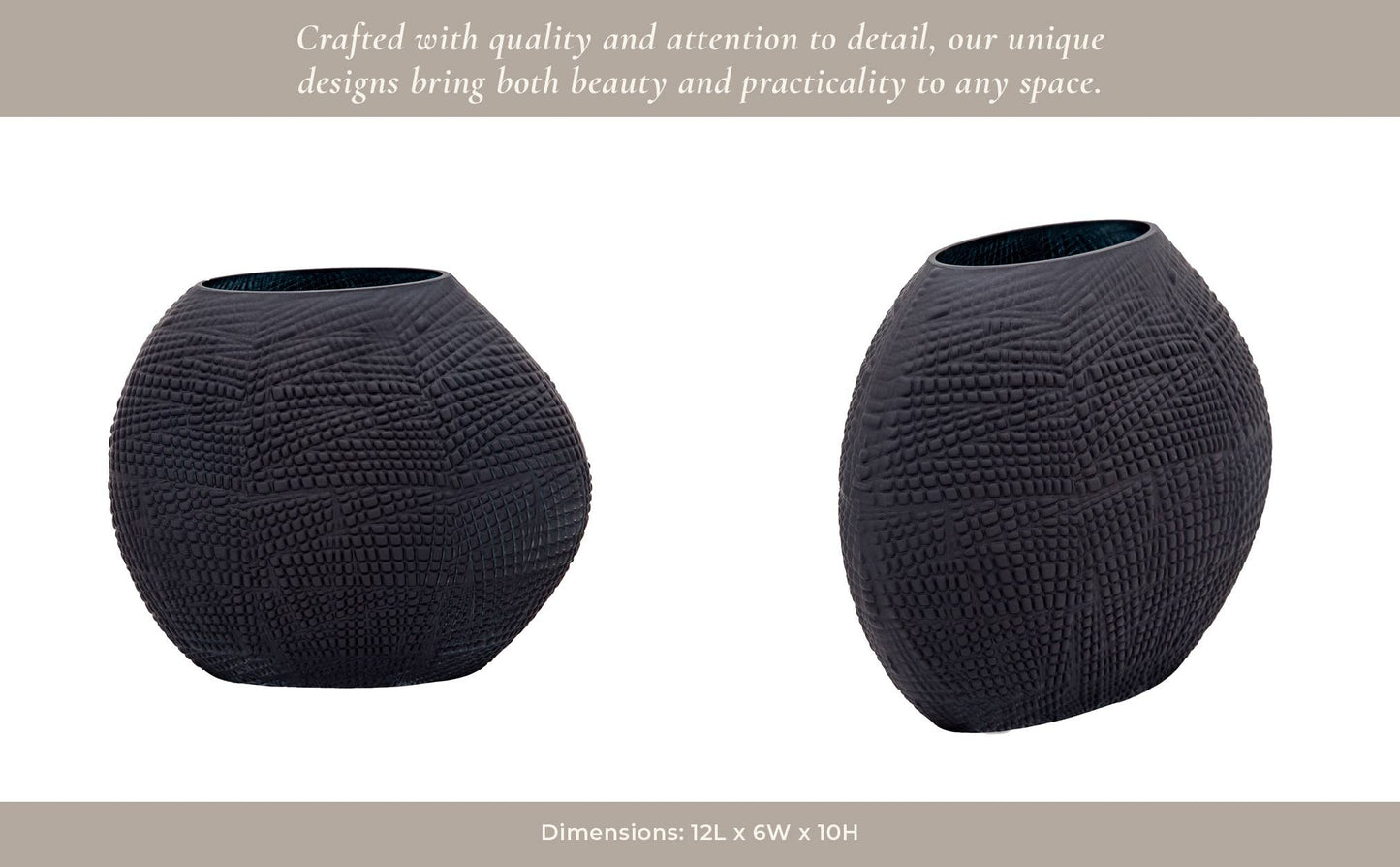 Decorative Vase - Black Glass Round Textured Modern, 10 in.