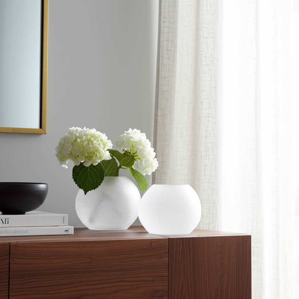 Decorative Vase - White Glass Round Textured Modern, 8 in.