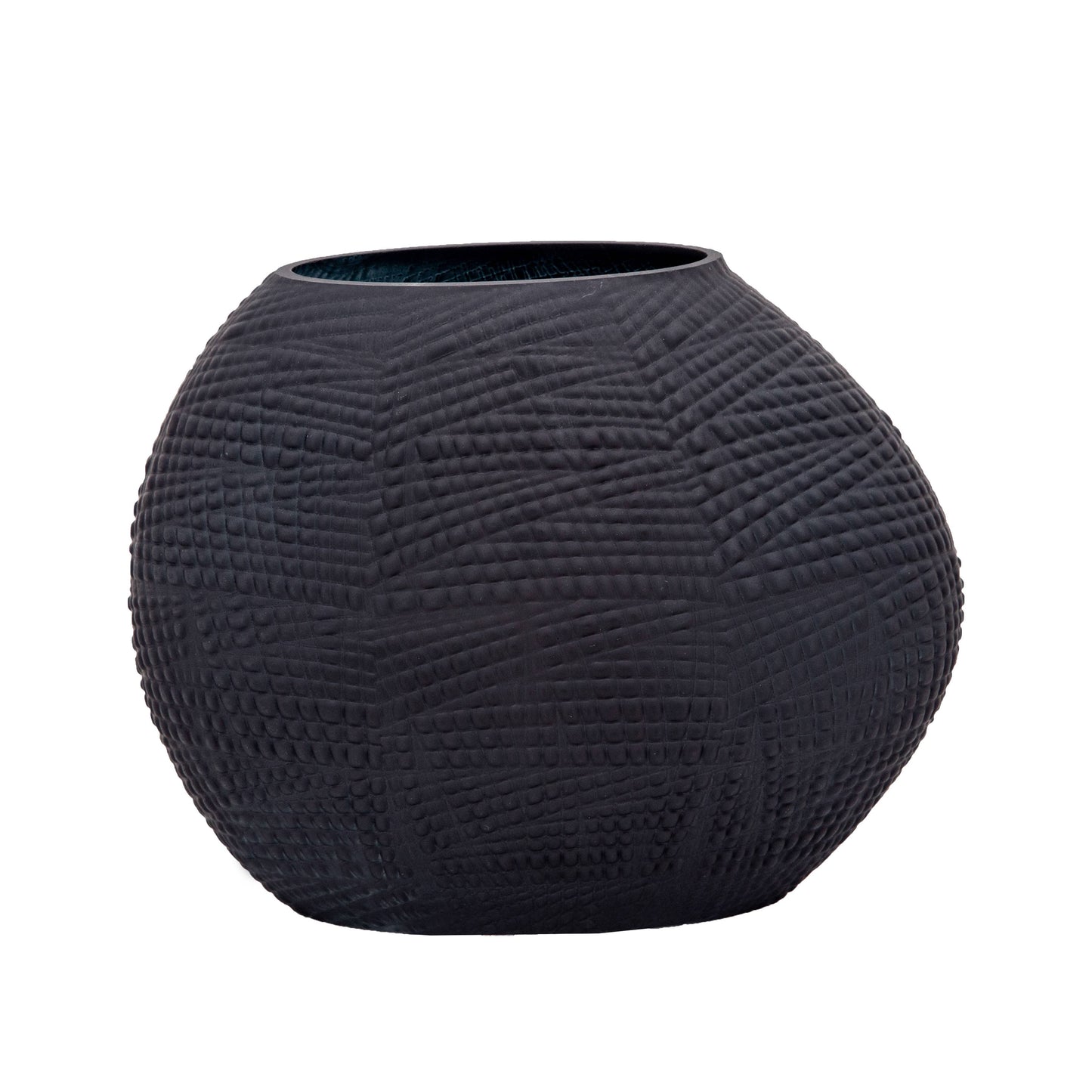 Decorative Vase - Black Glass Round Textured Modern, 8 in.