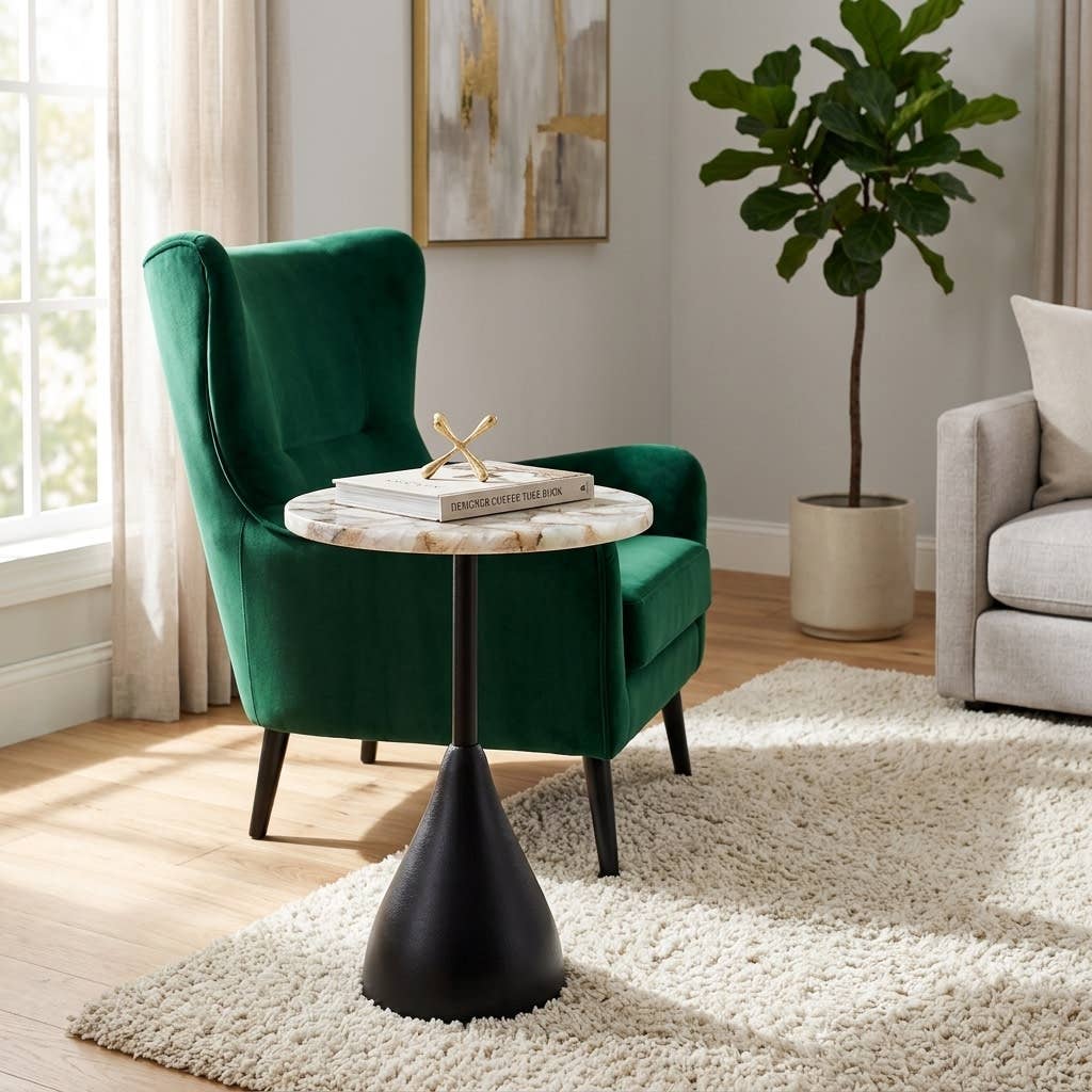 Side Table - White Agate Top with Black Aluminum Base, 22 in
