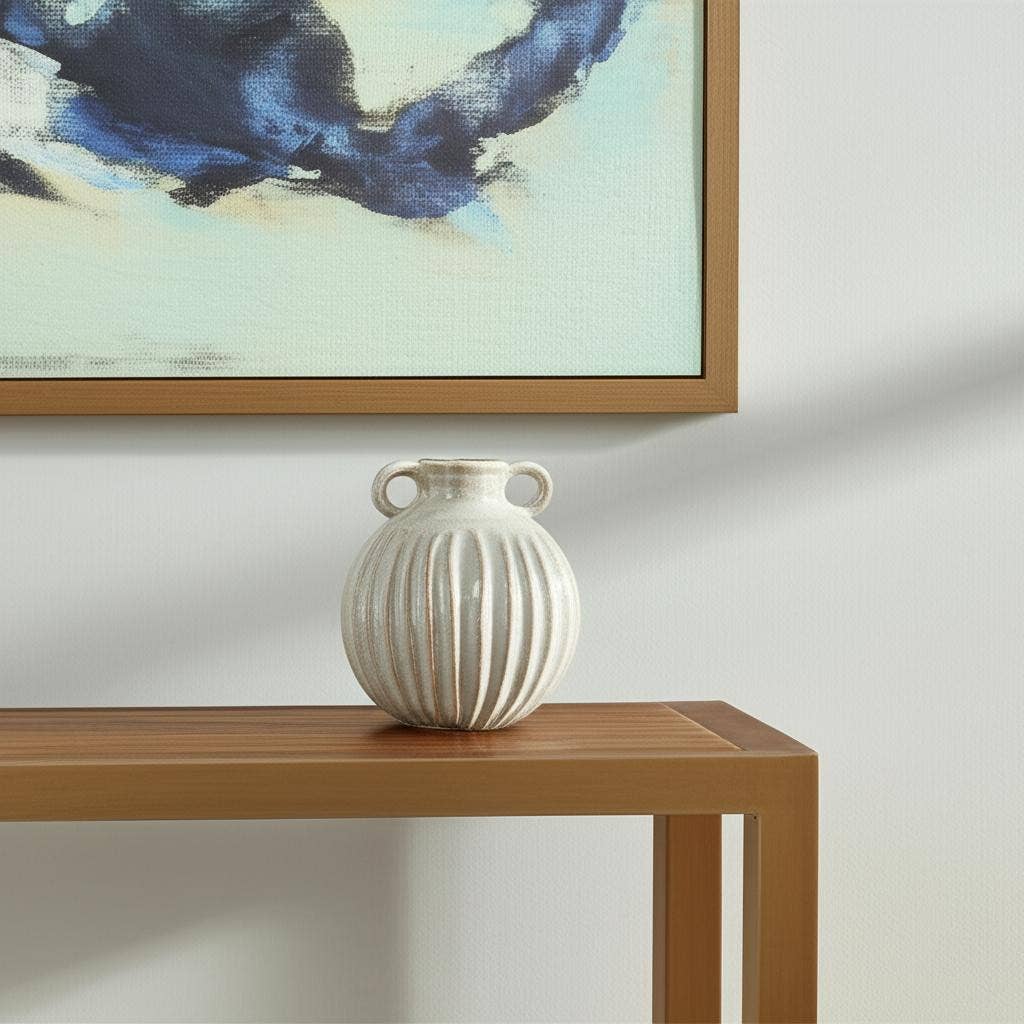 10" Sage And Gray Round With Handles Ceramic Table Vase