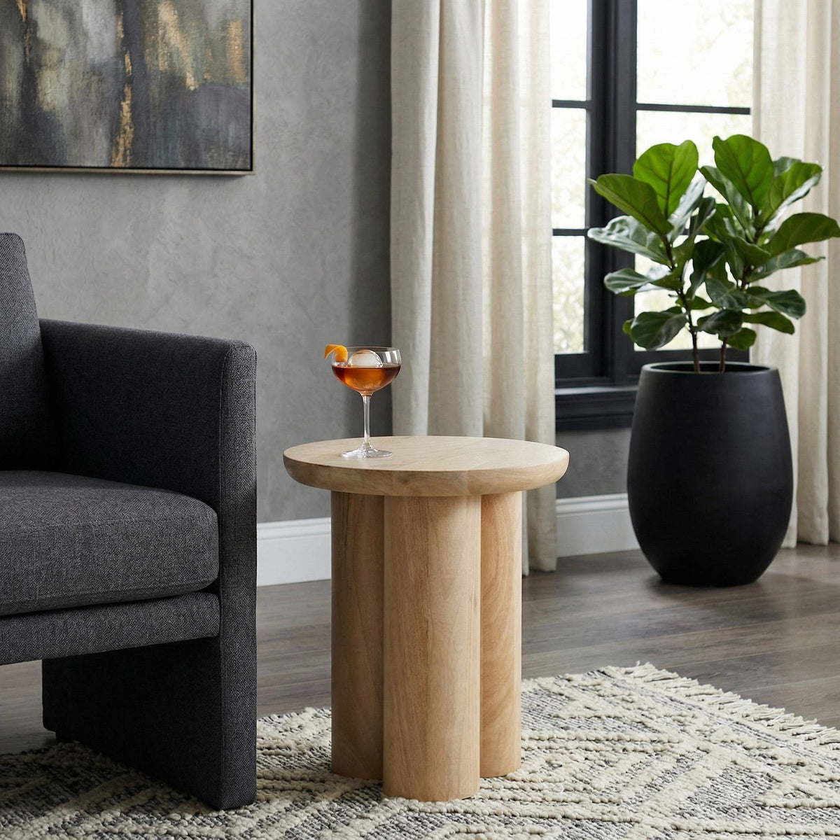Wood Round Side Table with Sculptural Base - Brown, 18 in.