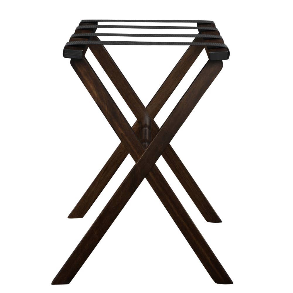 Dark Walnut Wood Folding Luggage Rack with Black Straps