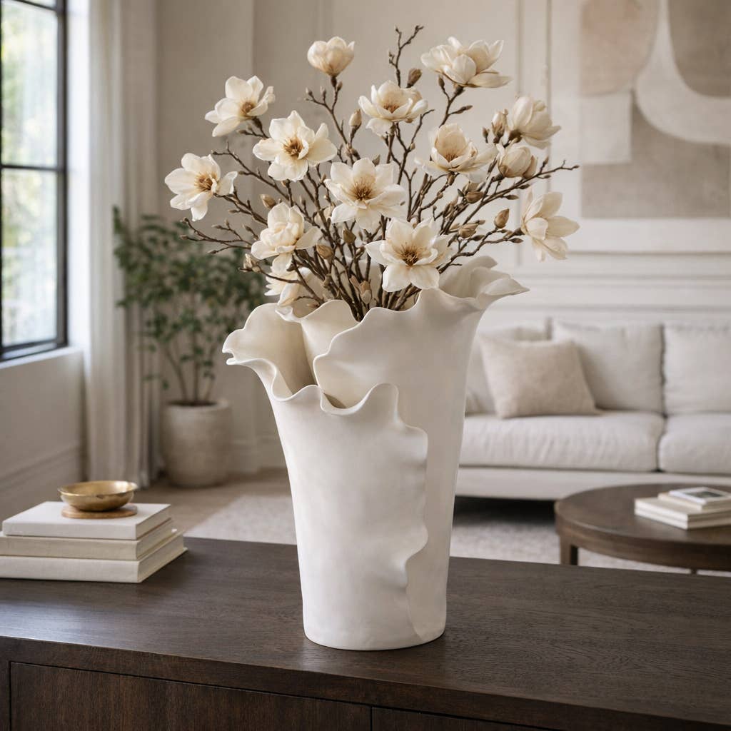 White 15x11 in. Ceramic Novelty Solid Handmade Flutter Vase