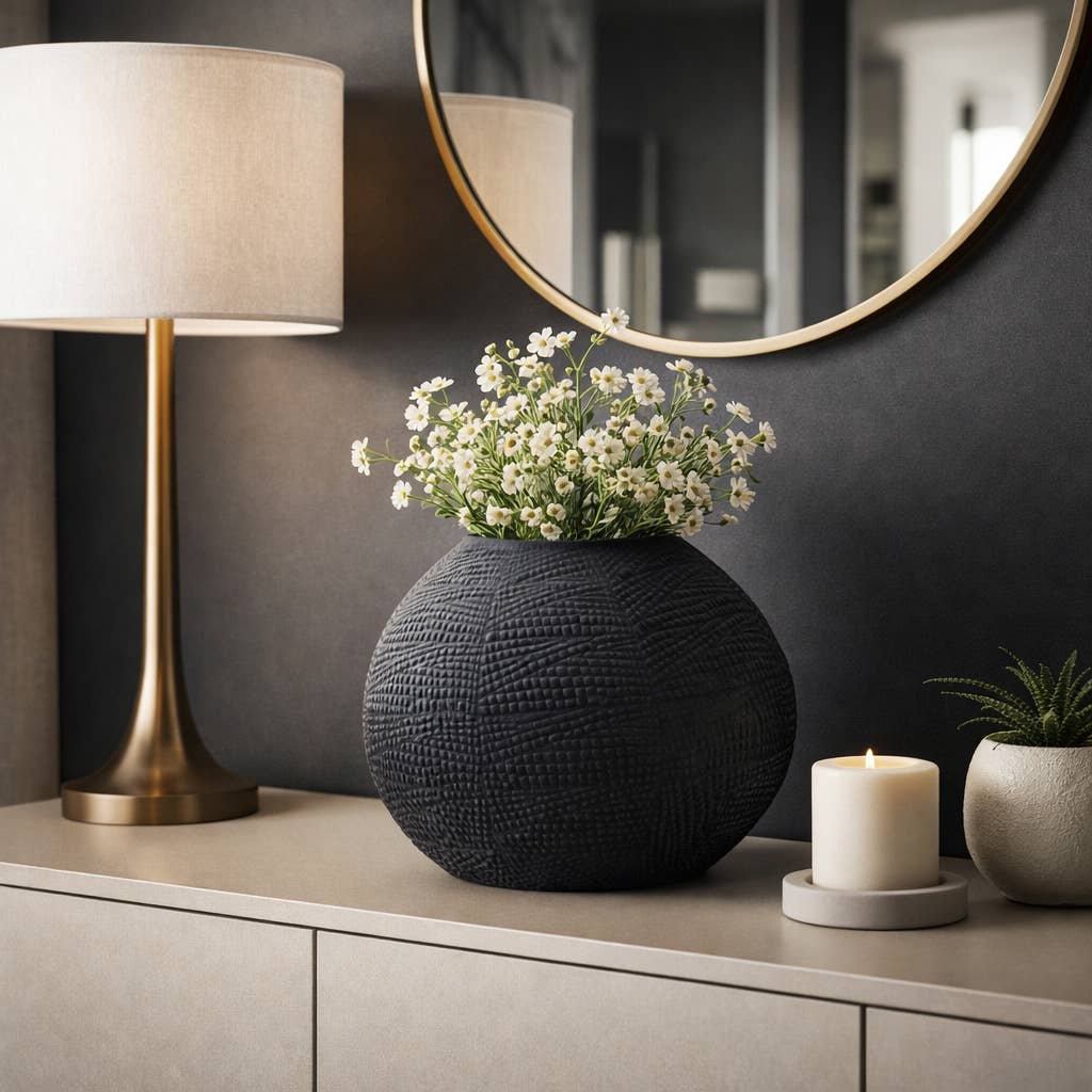 Decorative Vase - Black Glass Round Textured Modern, 8 in.
