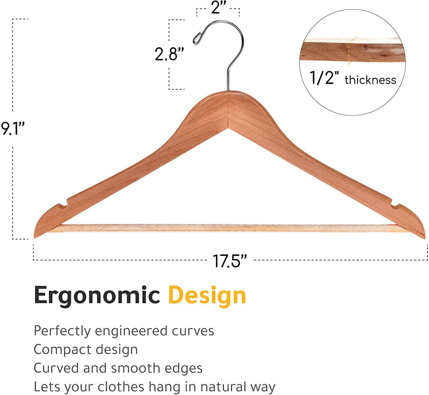 W030 Semi Curved Wooden Hanger, 17.5" Natural - 90