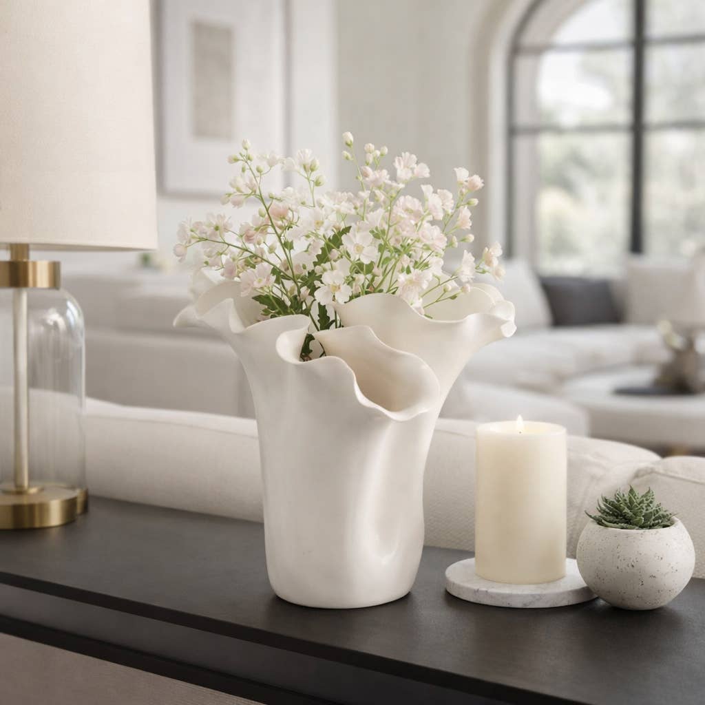 White 11x12 in. Ceramic Novelty Solid Handmade Flutter Vase