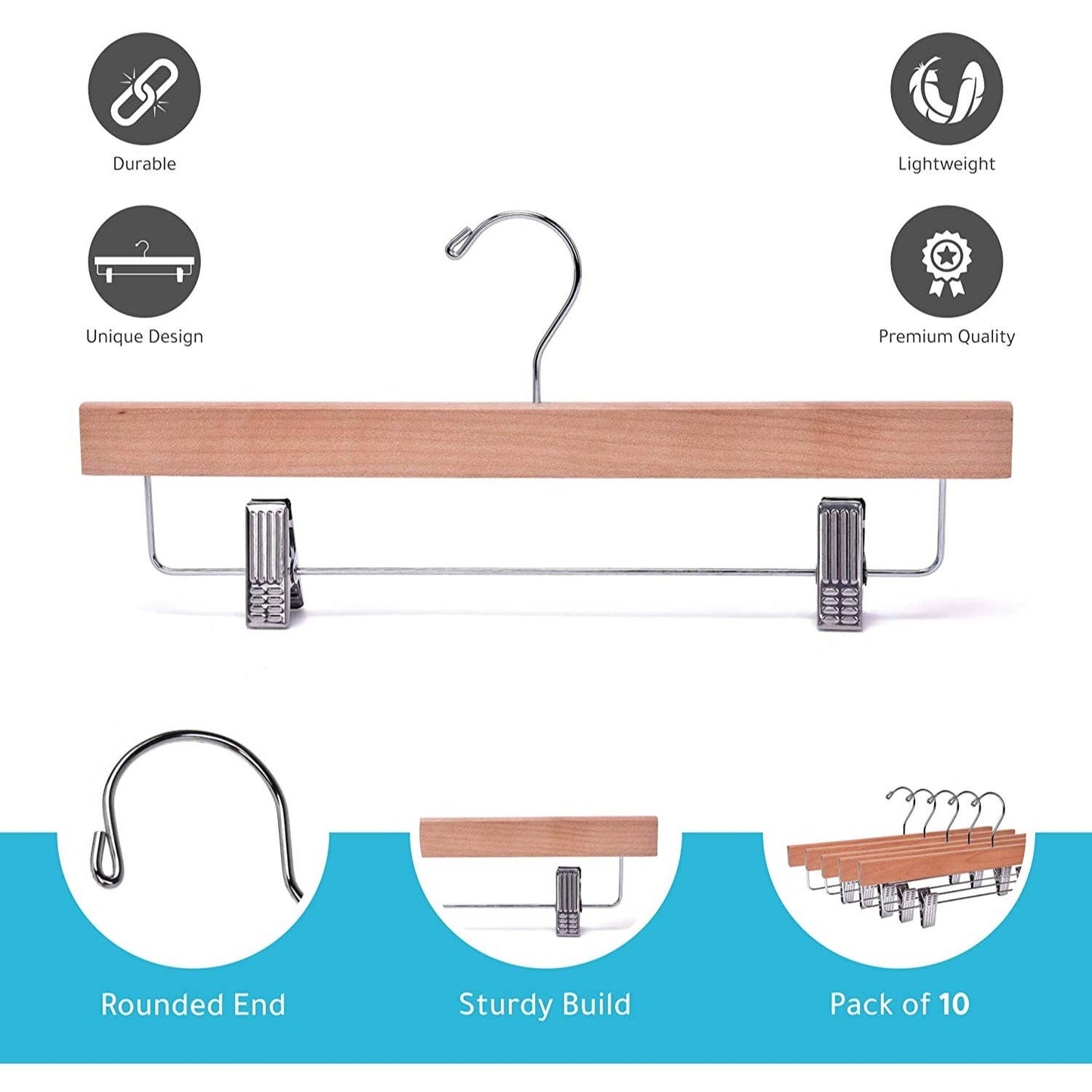 W033 -Wooden Straight Skirt Hanger -Natural/Chrome hook -100