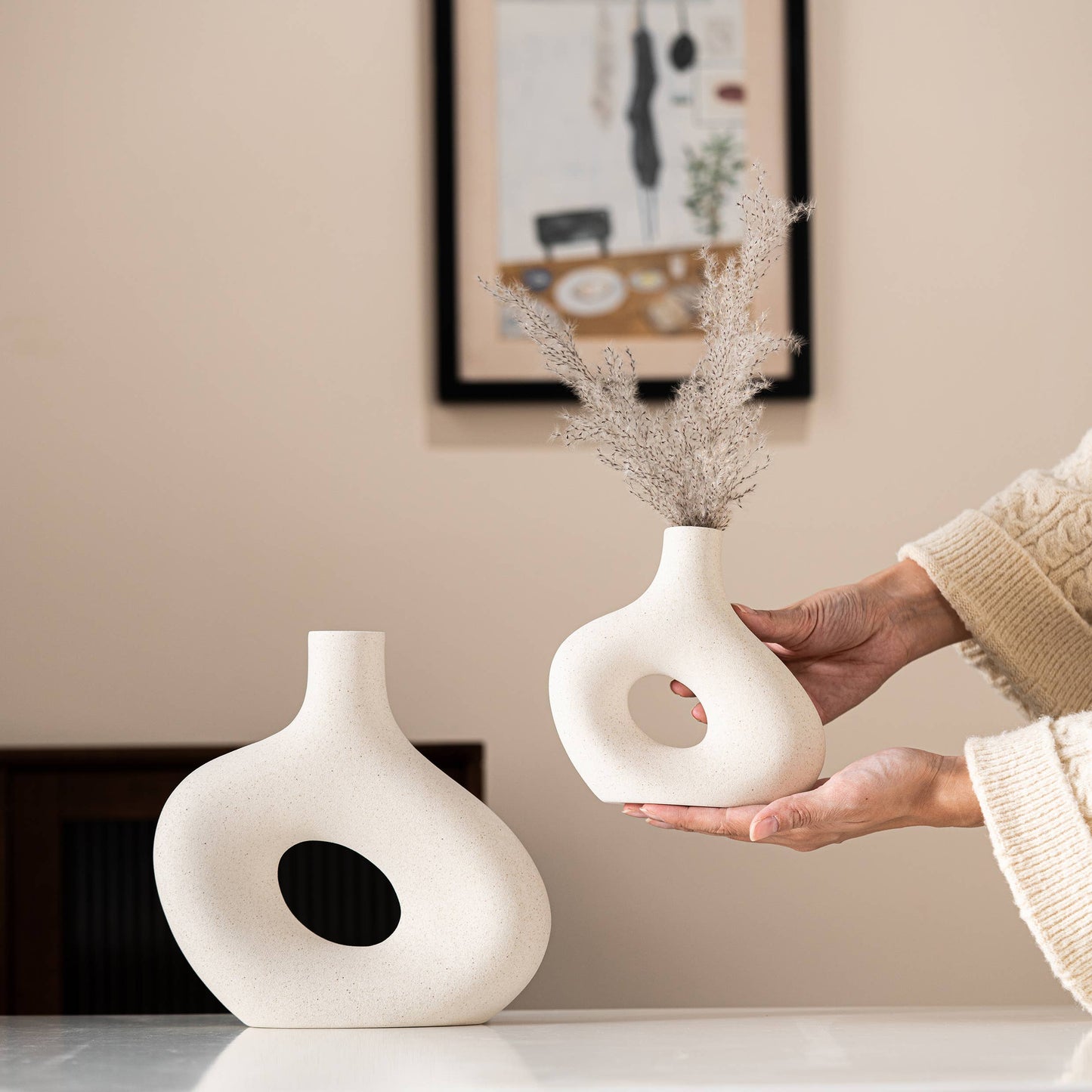 Kimisty Ceramic Hollow Donut Vase Set 2, Off White