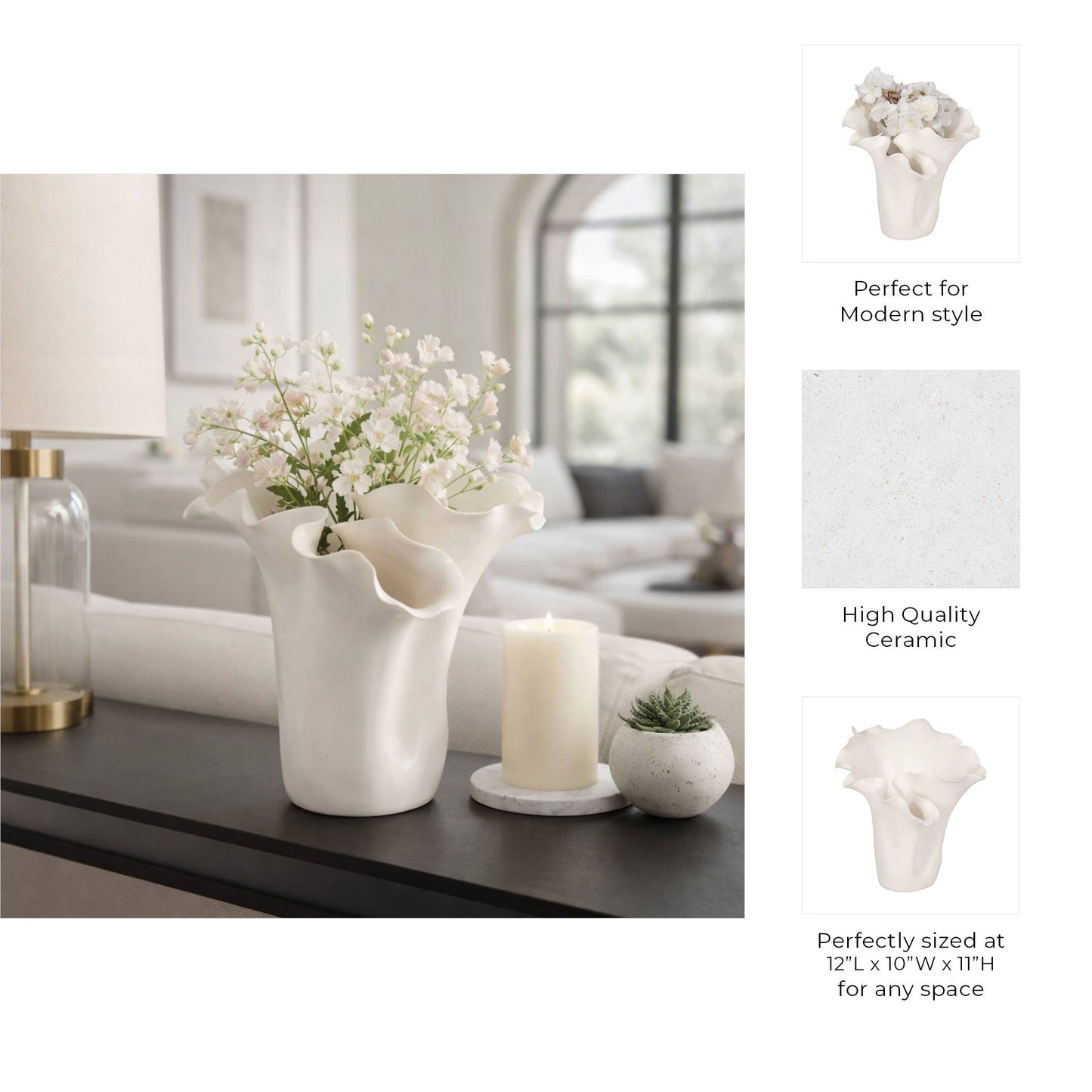 White 11x12 in. Ceramic Novelty Solid Handmade Flutter Vase
