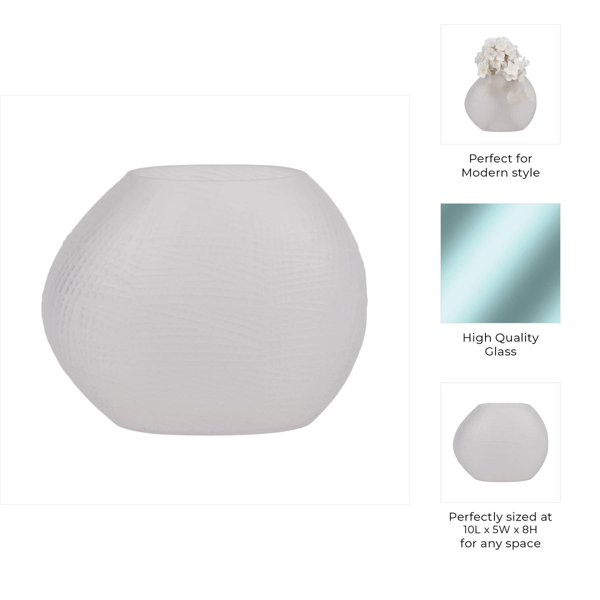 Decorative Vase - White Glass Round Textured Modern, 8 in.