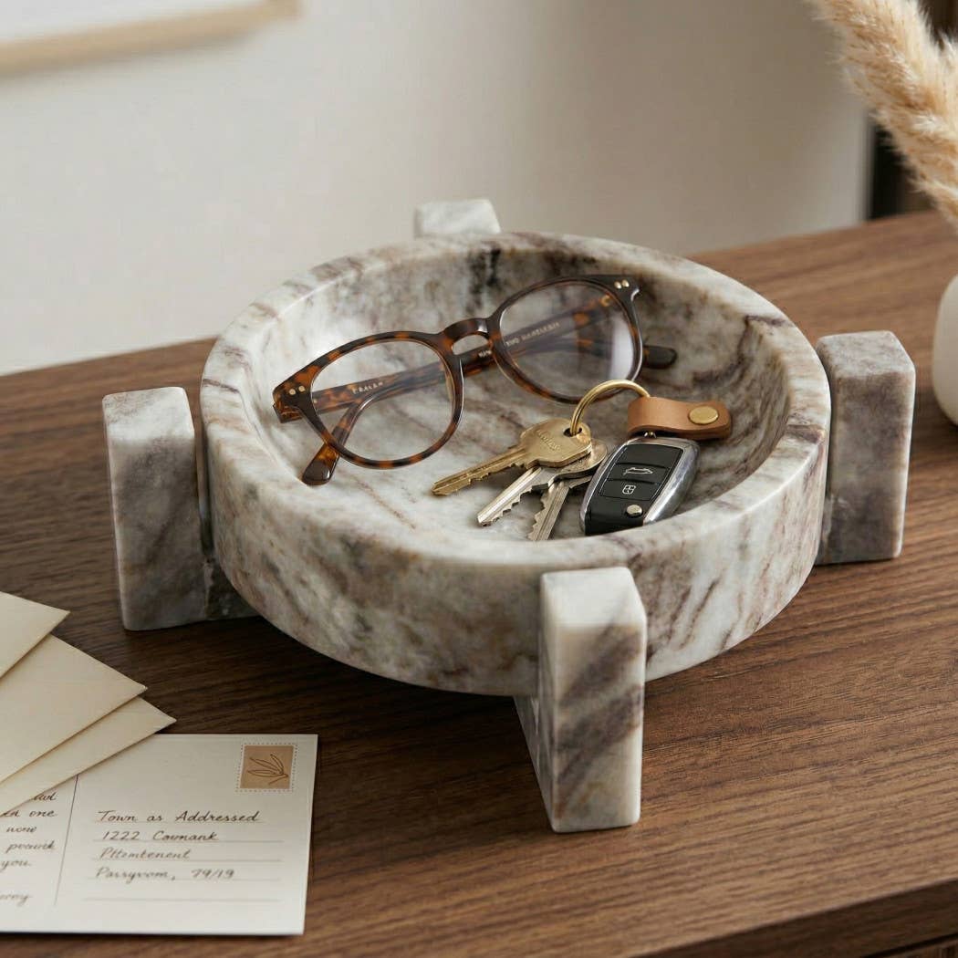 Decorative Bowl - Brown Marble Modern Pedestal Style, 10 in.