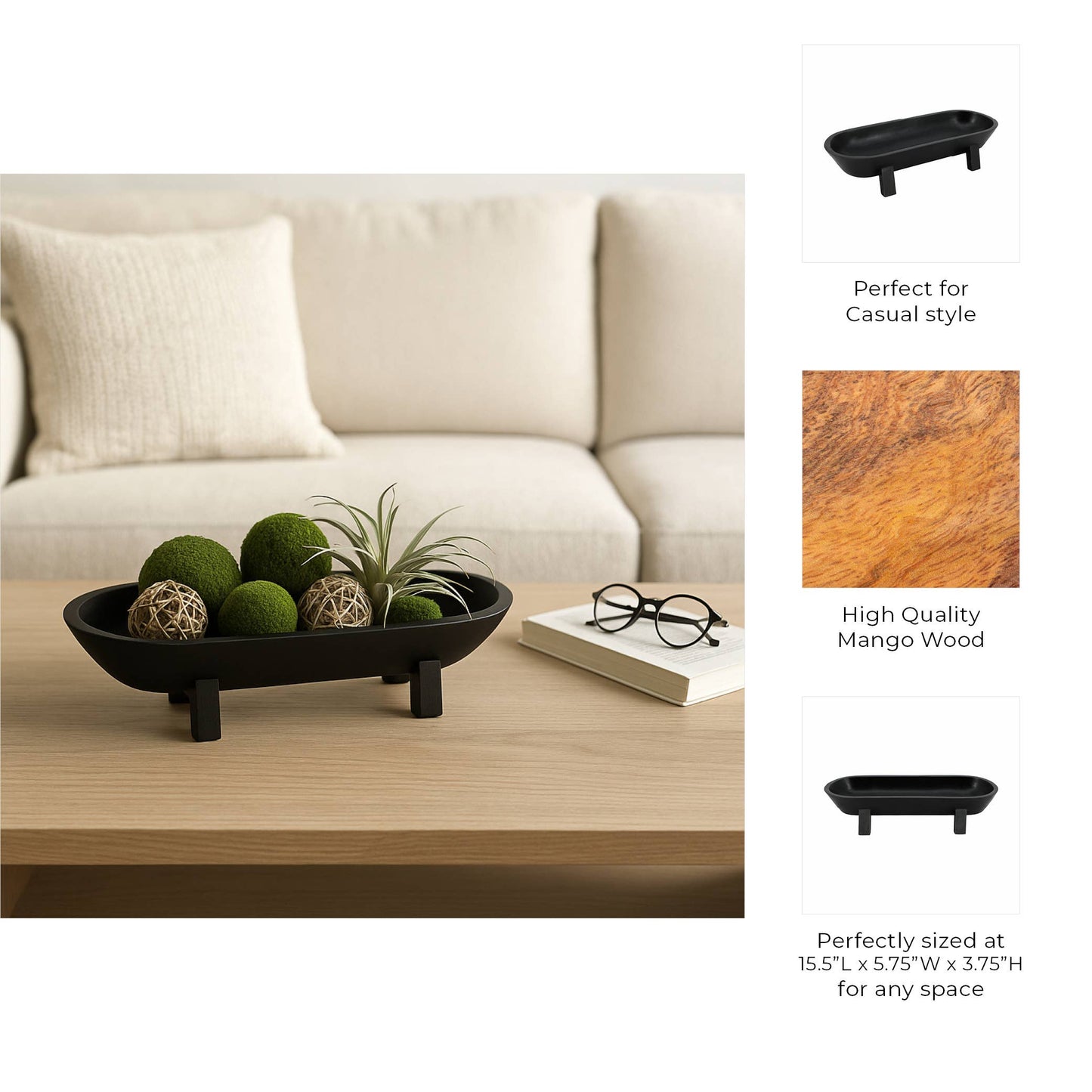 Decorative Bowl - Black Wood Footed Oval Design, 16 in.