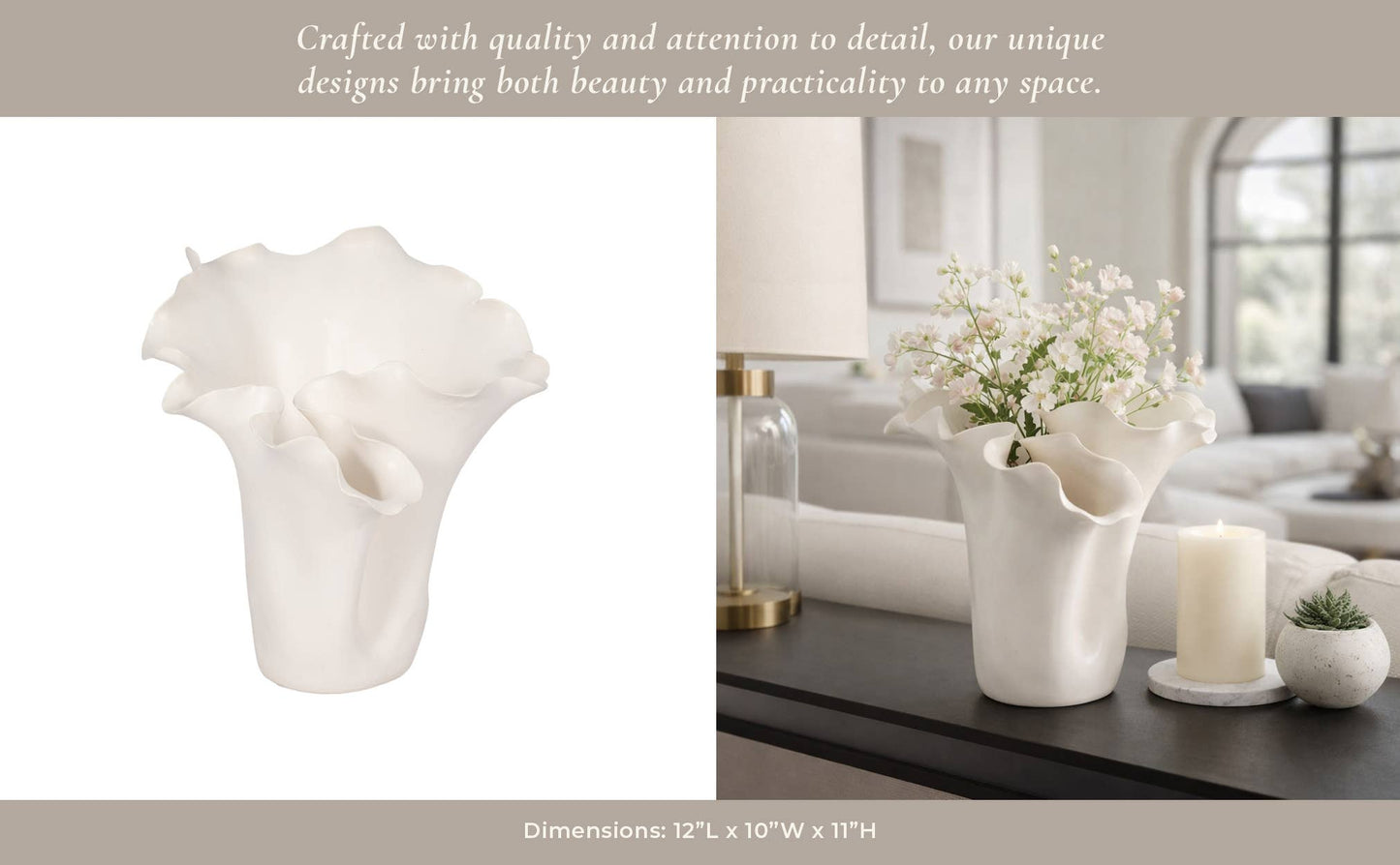 White 11x12 in. Ceramic Novelty Solid Handmade Flutter Vase