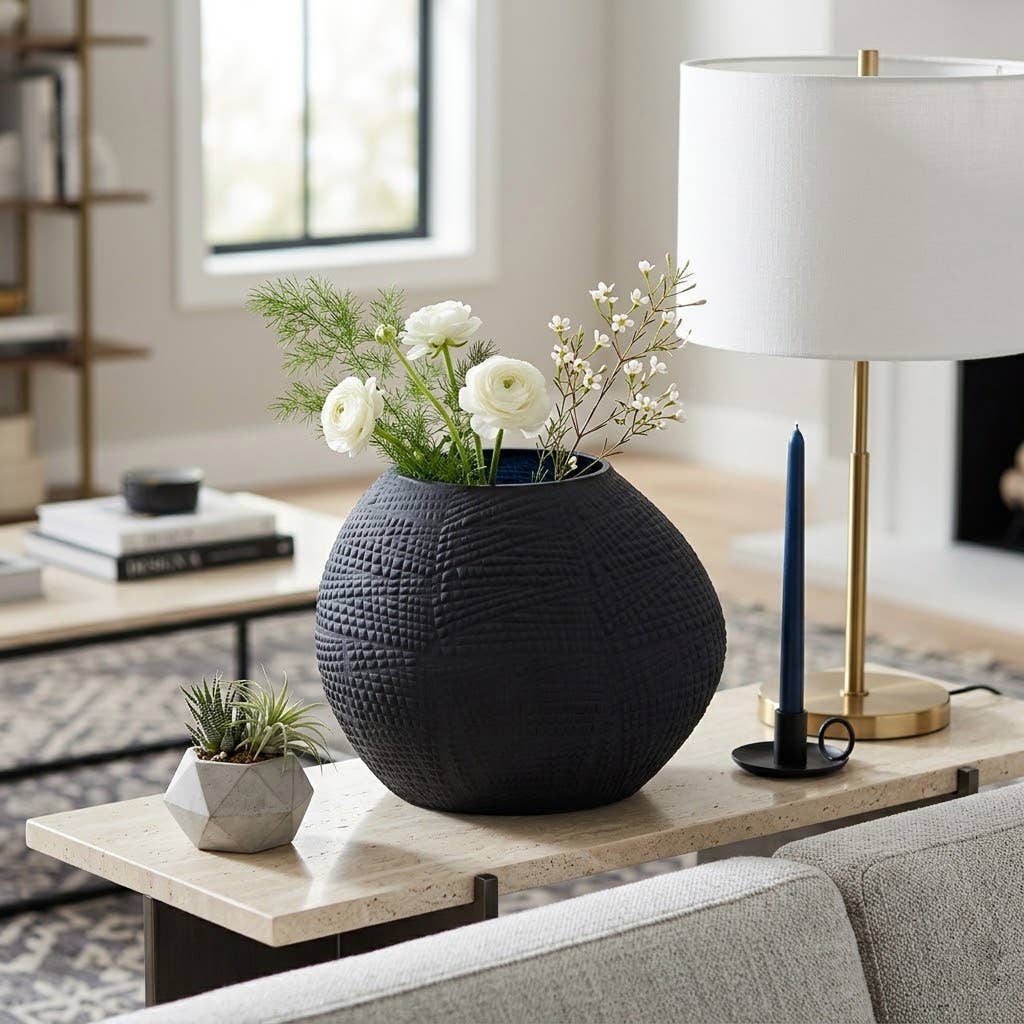 Decorative Vase - Black Glass Round Textured Modern, 8 in.