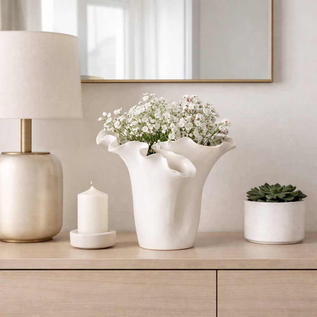 White 11x12 in. Ceramic Novelty Solid Handmade Flutter Vase